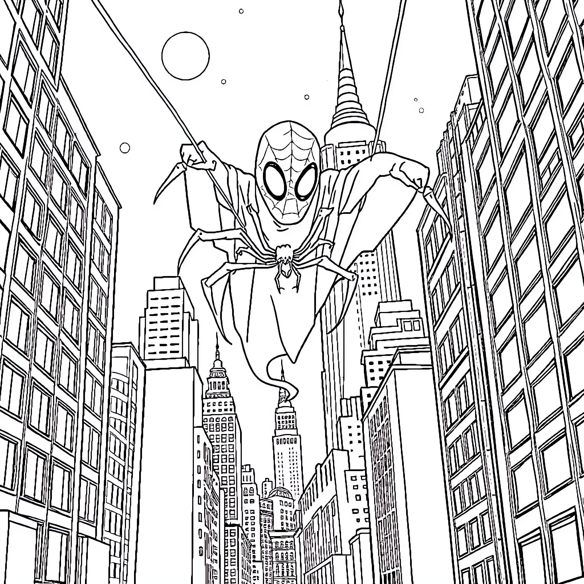 Spider-Man swinging through the city skyline Coloring Page (free black-and-white line drawing printable PDF for all, from beginners to advanced learners, including children, teens, adults, and seniors)