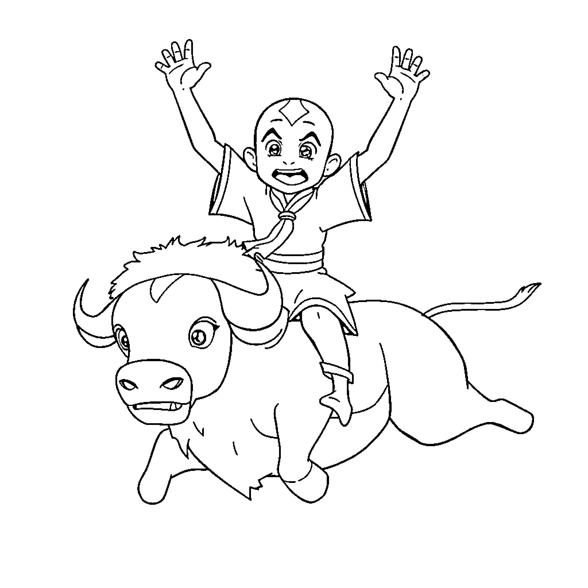 Aang riding a bison with excitement Coloring Page (free black-and-white line drawing printable PDF for all, from beginners to advanced learners, including children, teens, adults, and seniors)