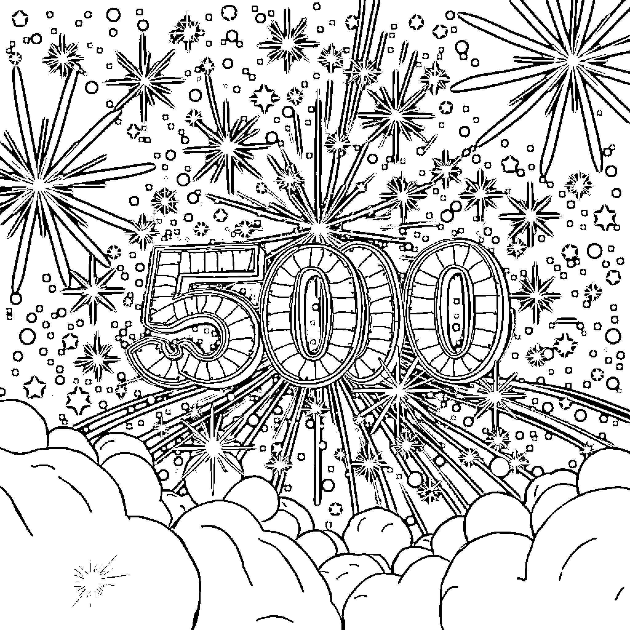 Illusion of Celebratory Fireworks and Numerals Coloring Page (free black-and-white line drawing printable PDF for all, from beginners to advanced learners, including children, teens, adults, and seniors)