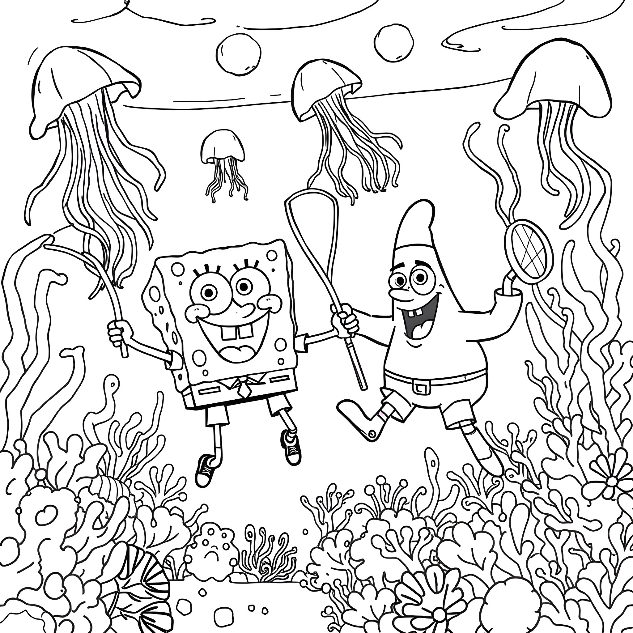 Spongebob and Patrick exploring the underwater world Coloring Page (free black-and-white line drawing printable PDF for all, from beginners to advanced learners, including children, teens, adults, and seniors)