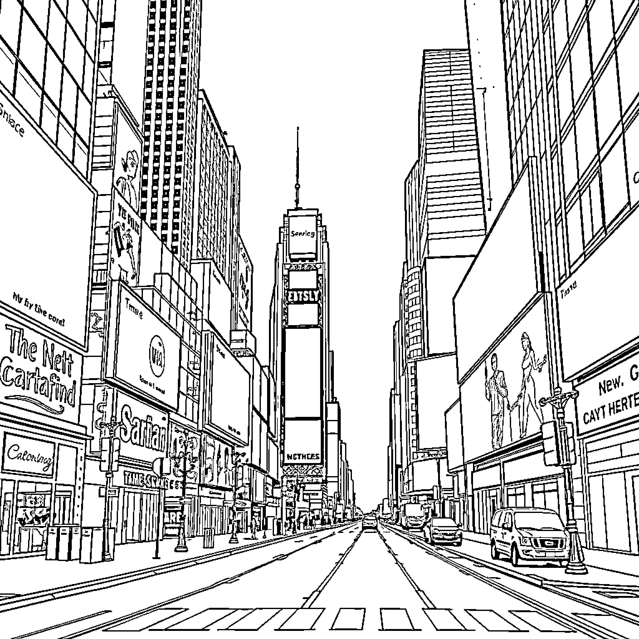 Times Square - Bustling city street with tall skyscrapers Coloring Page (free black-and-white line drawing printable PDF for all, from beginners to advanced learners, including children, teens, adults, and seniors)