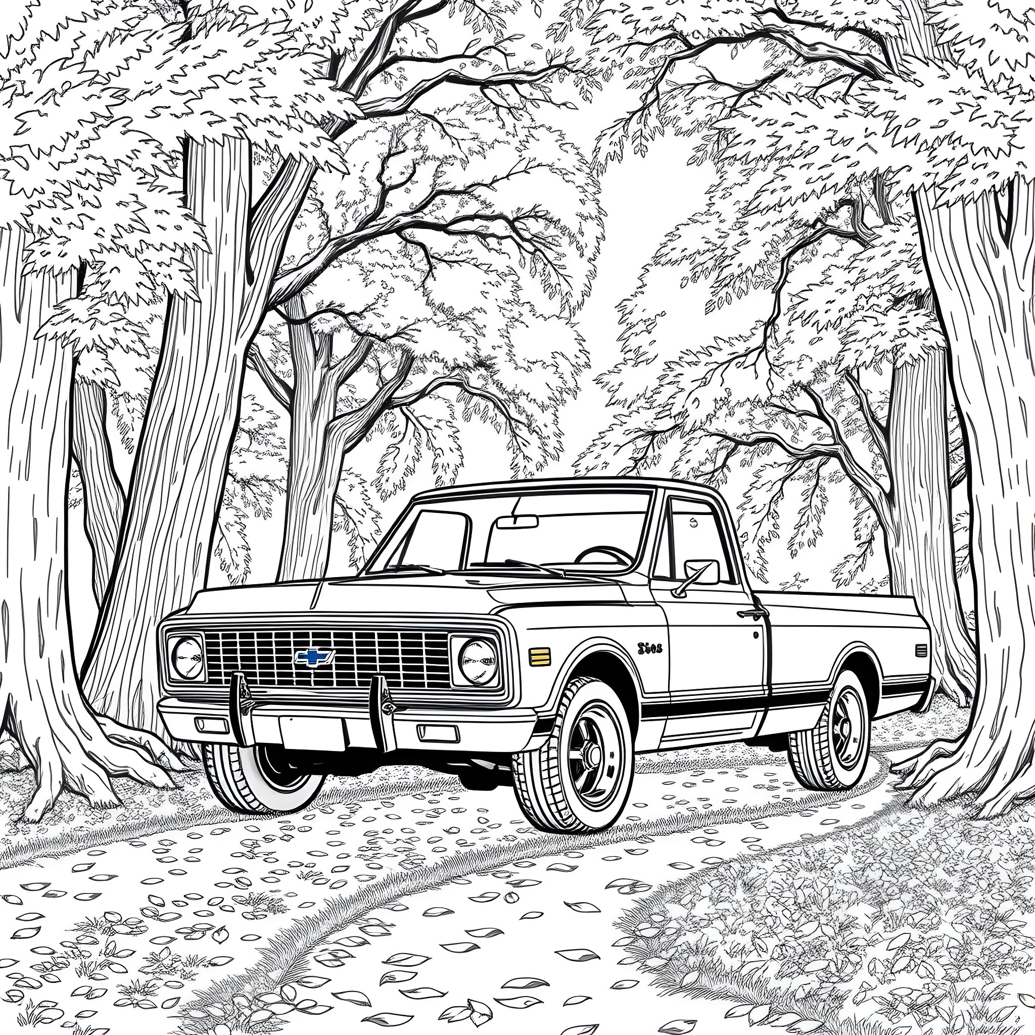 Chevrolet truck navigating through a wooded path Coloring Page (free black-and-white line drawing printable PDF for all, from beginners to advanced learners, including children, teens, adults, and seniors)