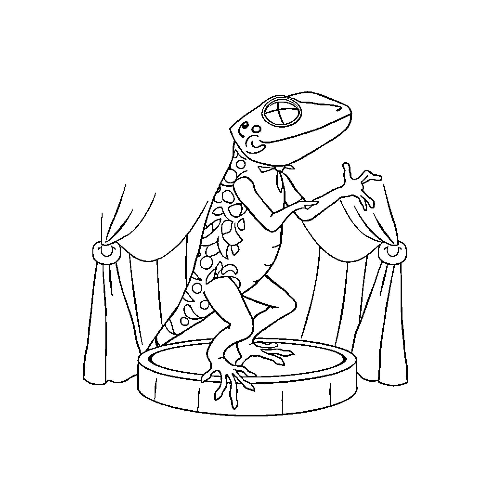 Gecko performing on stage Coloring Page (free black-and-white line drawing printable PDF for all, from beginners to advanced learners, including children, teens, adults, and seniors)