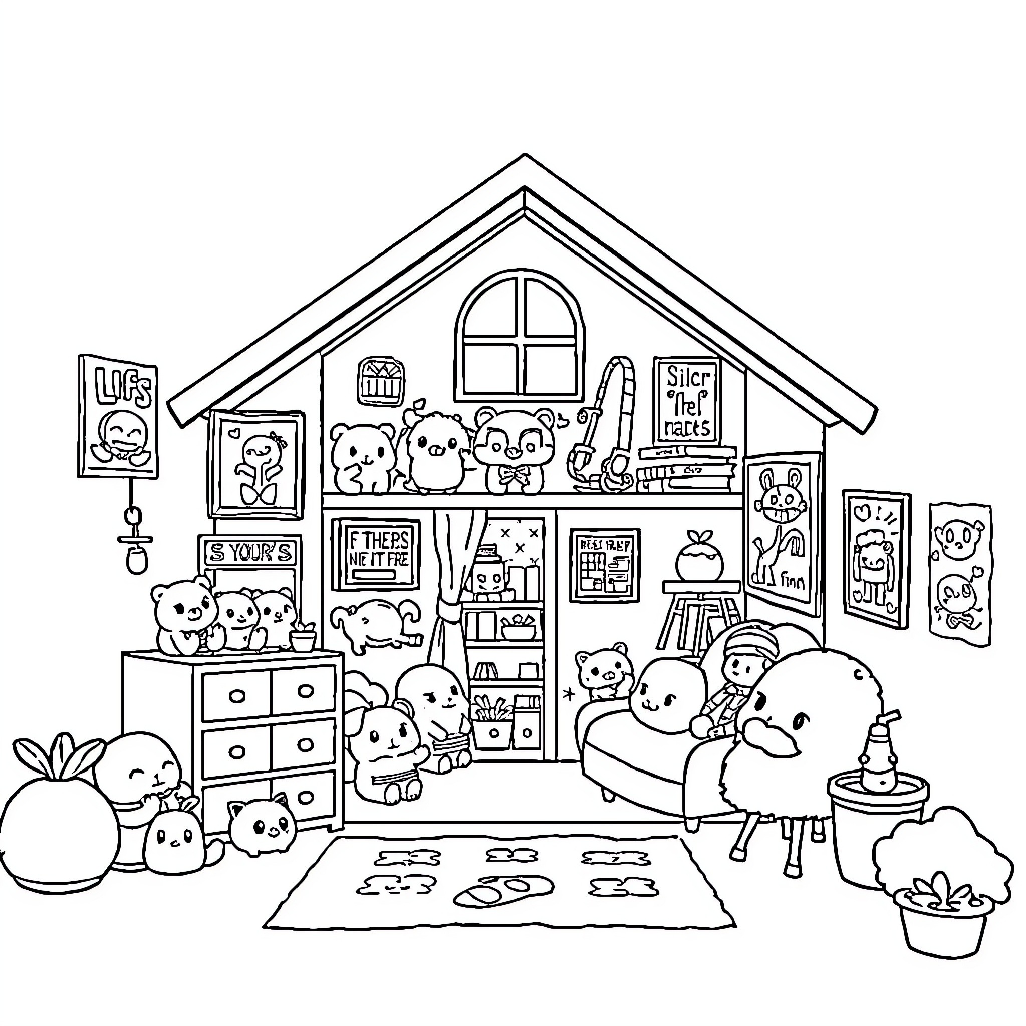 House full of cute toy animals Coloring Page (free black-and-white line drawing printable PDF for all, from beginners to advanced learners, including children, teens, adults, and seniors)