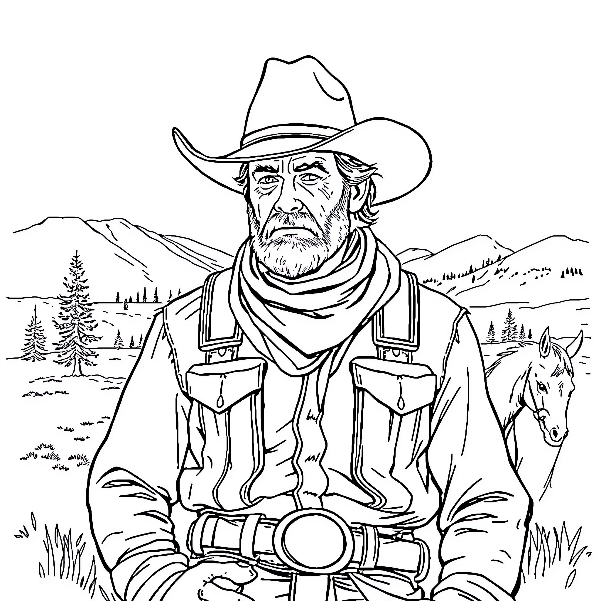 Rip Wheeler, the weathered cowboy in the mountain landscape Coloring Page (free black-and-white line drawing printable PDF for all, from beginners to advanced learners, including children, teens, adults, and seniors)