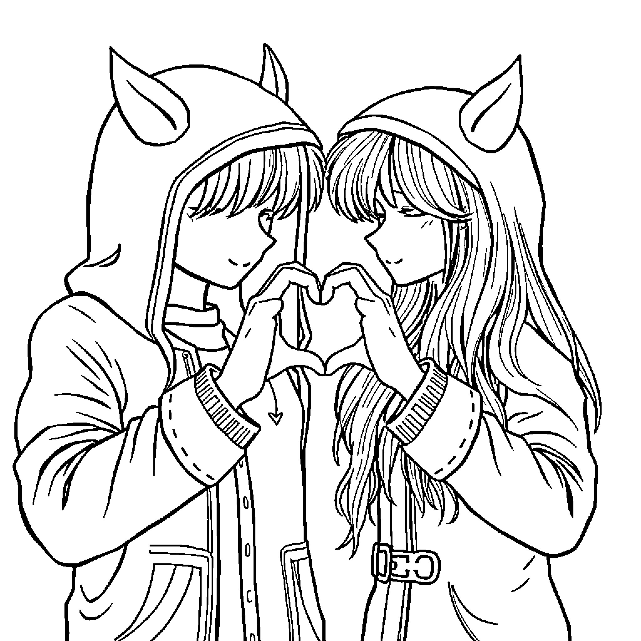 Huntrix Embrace: Intimate Camaraderie Coloring Page (free black-and-white line drawing printable PDF for all, from beginners to advanced learners, including children, teens, adults, and seniors)