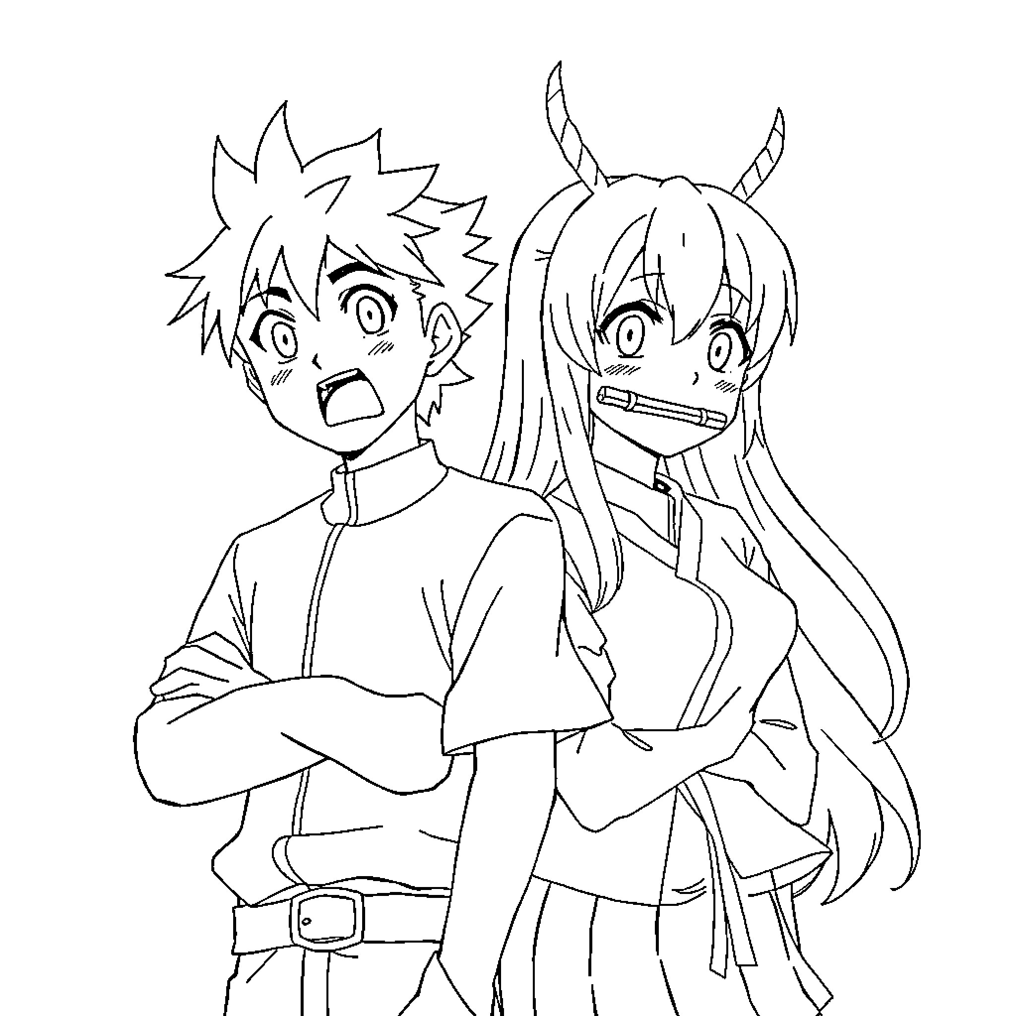 Zenitsu Agatsuma and companion in exaggerated expressions Coloring Page (free black-and-white line drawing printable PDF for all, from beginners to advanced learners, including children, teens, adults, and seniors)