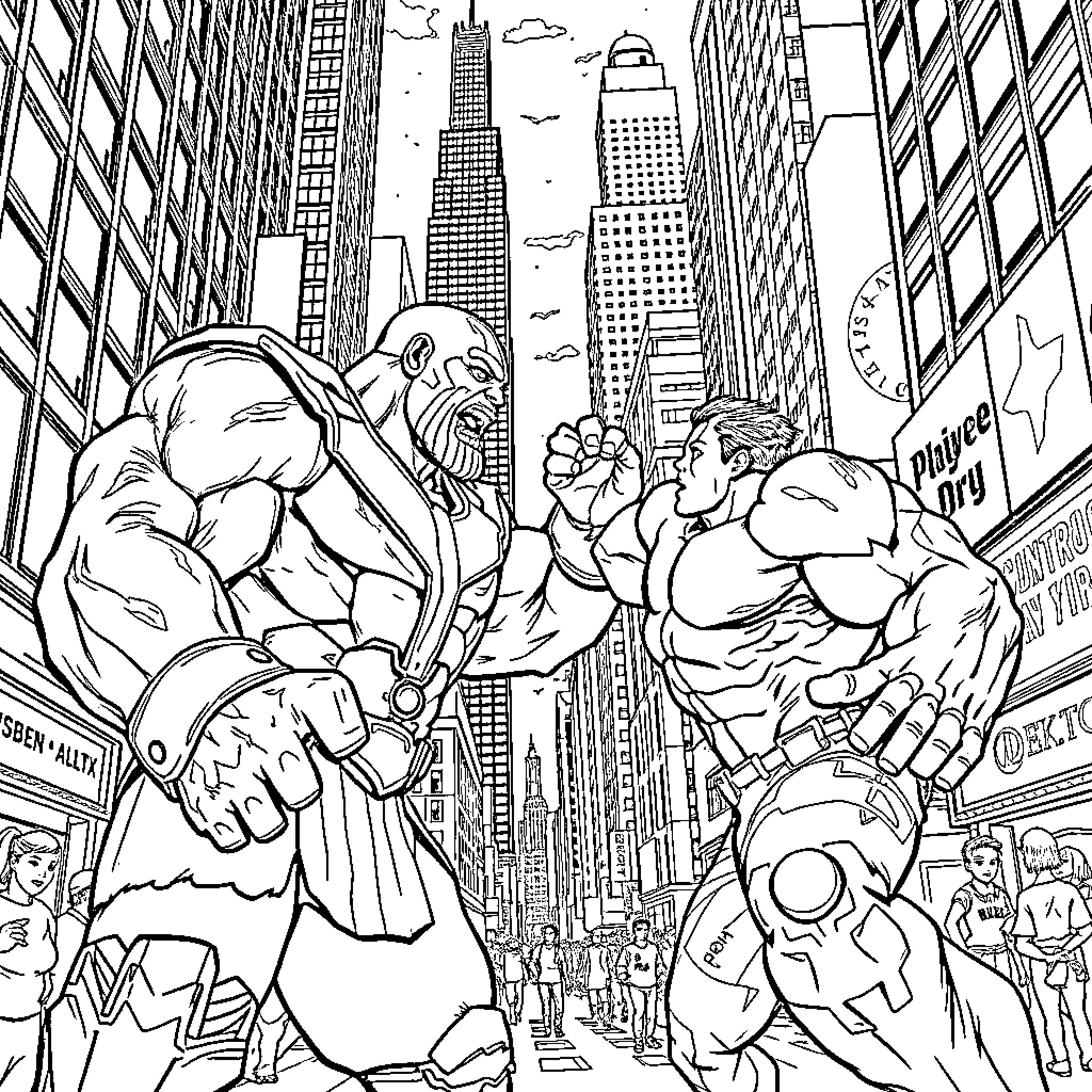 Avengers in Epic Battle Amid City Skyline Coloring Page (free black-and-white line drawing printable PDF for all, from beginners to advanced learners, including children, teens, adults, and seniors)