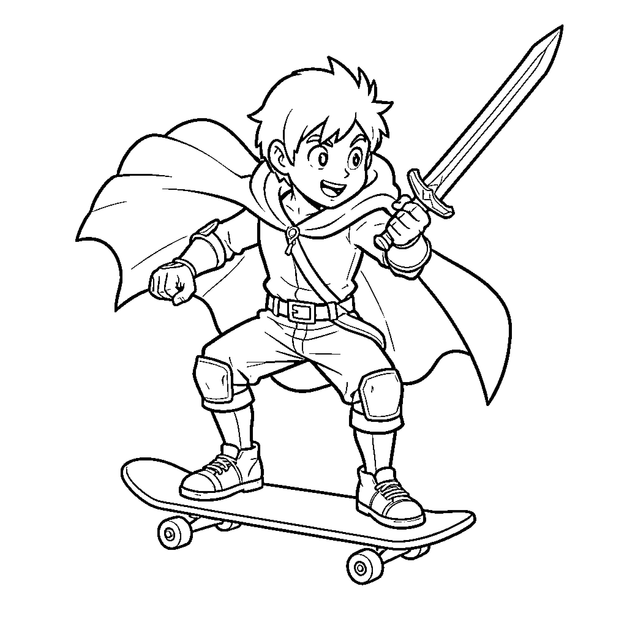 Blade wielding boy riding a skateboard with a cape Coloring Page (free black-and-white line drawing printable PDF for all, from beginners to advanced learners, including children, teens, adults, and seniors)