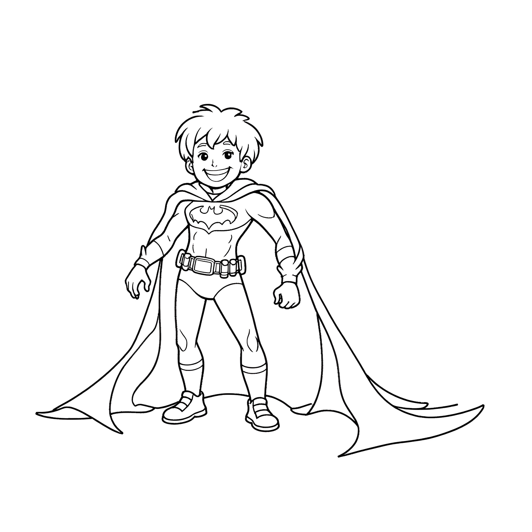 Boy playing superhero in costume Coloring Page (free black-and-white line drawing printable PDF for all, from beginners to advanced learners, including children, teens, adults, and seniors)