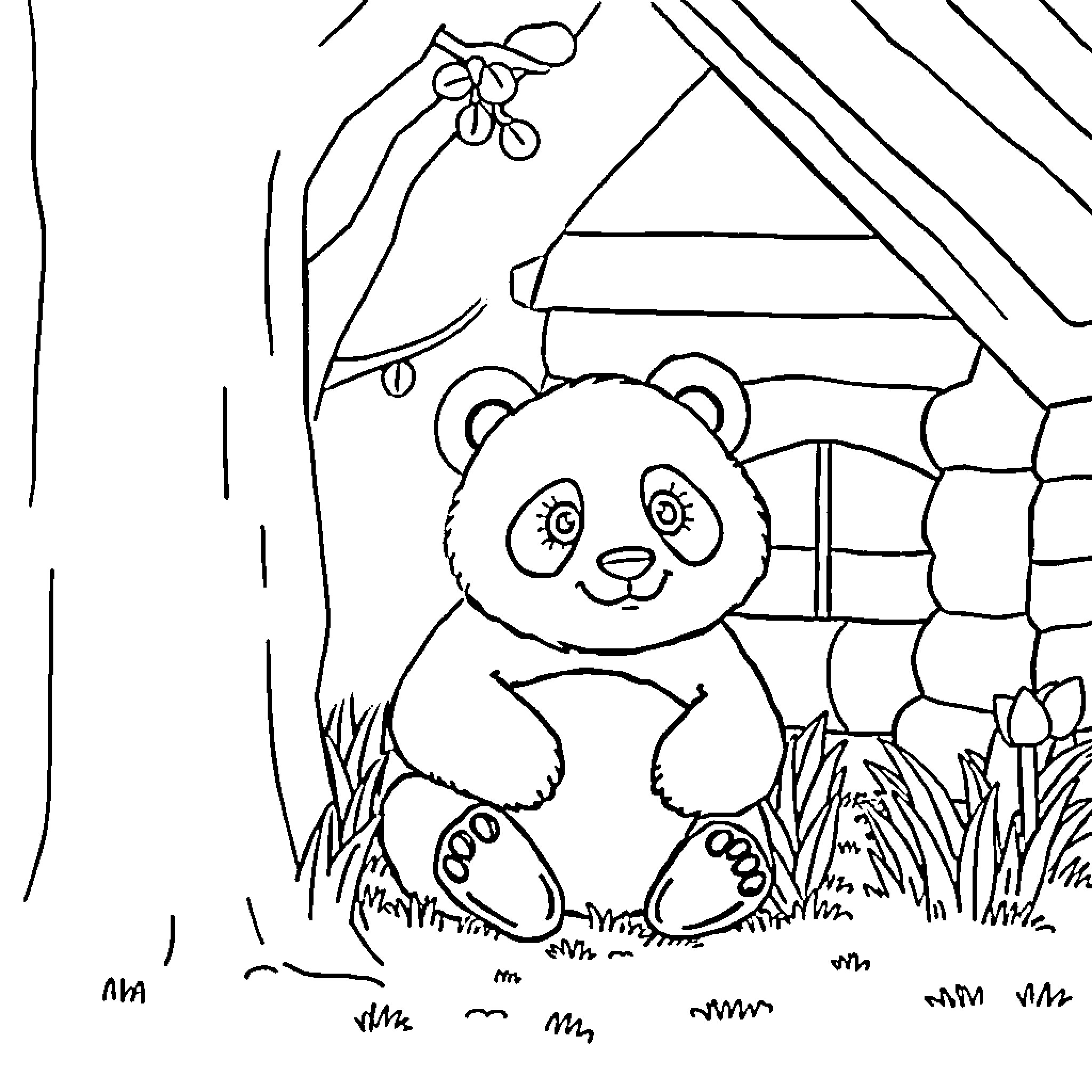 Panda Relaxing in Cozy Cabin Coloring Page (free black-and-white line drawing printable PDF for all, from beginners to advanced learners, including children, teens, adults, and seniors)