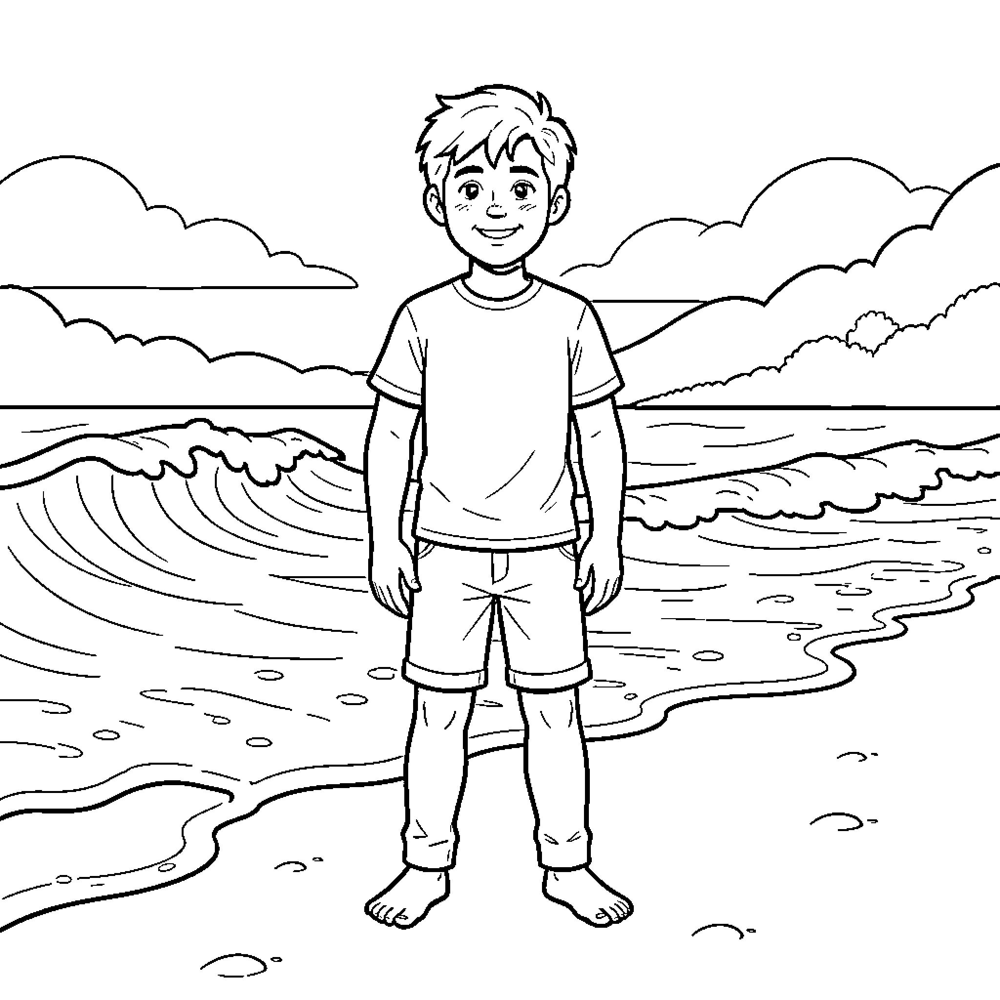 Froment smiling boy standing on a sandy beach Coloring Page (free black-and-white line drawing printable PDF for all, from beginners to advanced learners, including children, teens, adults, and seniors)