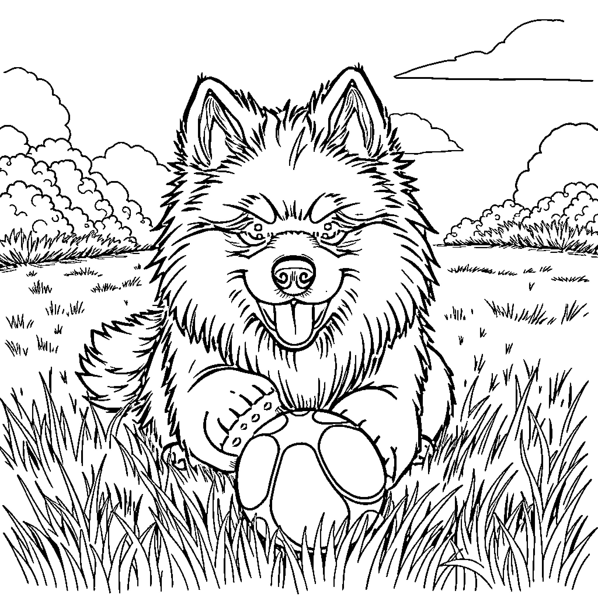 Samoyed playfully resting in the meadow Coloring Page (free black-and-white line drawing printable PDF for all, from beginners to advanced learners, including children, teens, adults, and seniors)