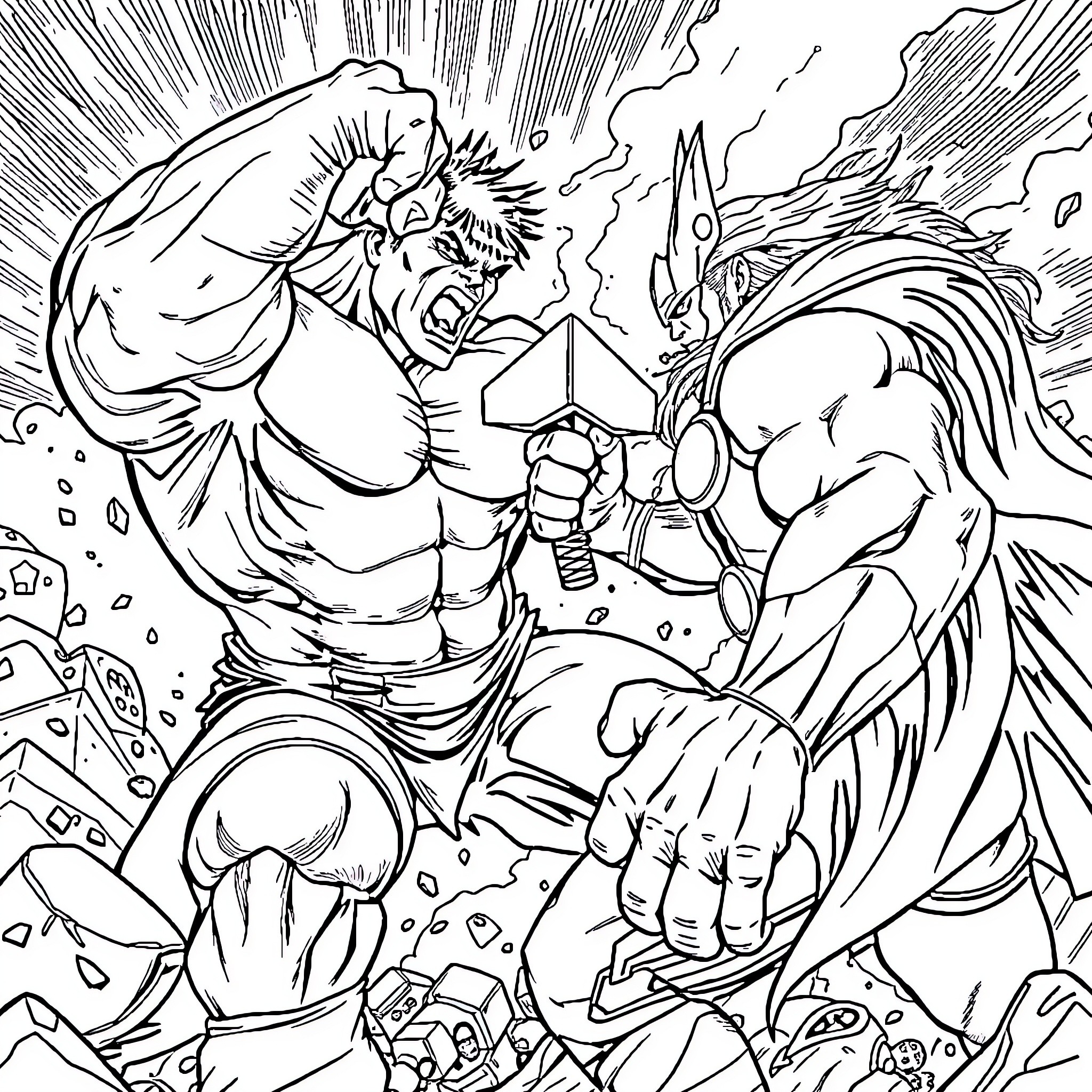 Hulk Smashing Through Fierce Battle Scene Coloring Page (free black-and-white line drawing printable PDF for all, from beginners to advanced learners, including children, teens, adults, and seniors)