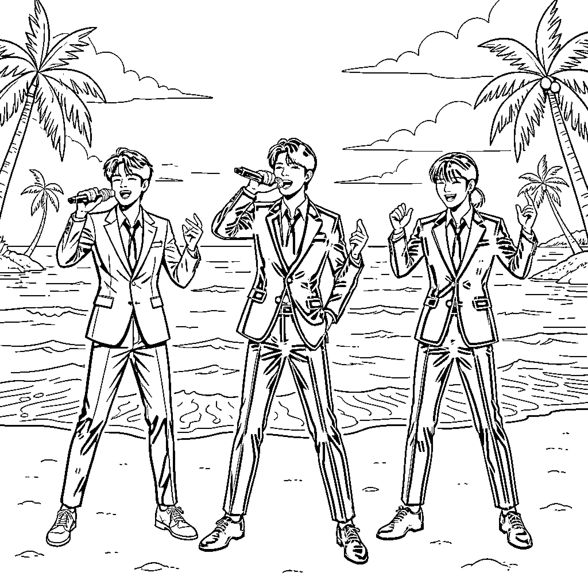 K Pop idols performing songs on a tropical beach Coloring Page (free black-and-white line drawing printable PDF for all, from beginners to advanced learners, including children, teens, adults, and seniors)
