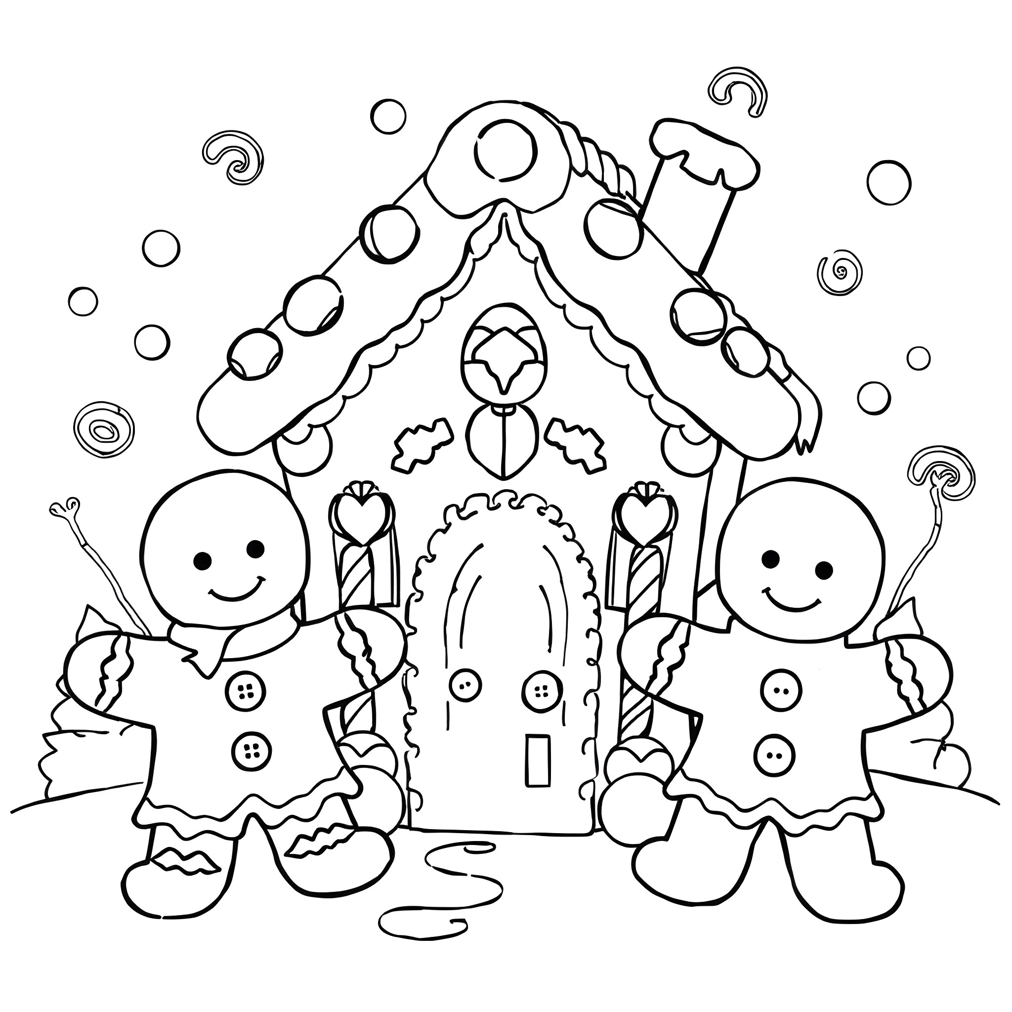 Gingerbread House with Cheerful Gingerbread People Coloring Page (free black-and-white line drawing printable PDF for all, from beginners to advanced learners, including children, teens, adults, and seniors)