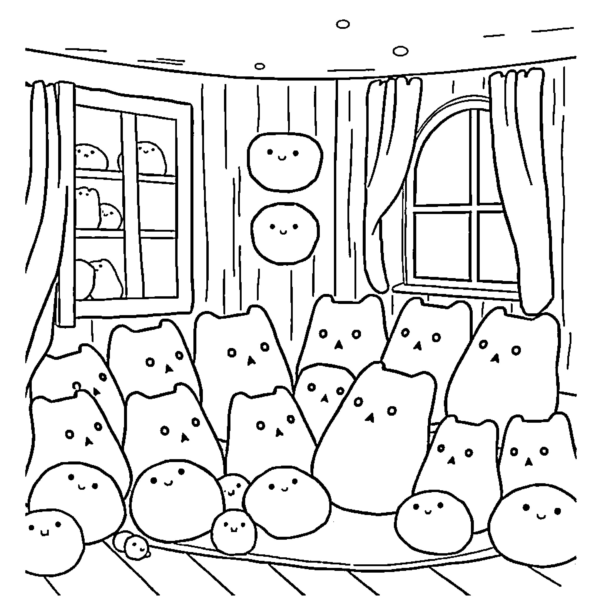 Squishmallow characters gathered for a cozy scene Coloring Page (free black-and-white line drawing printable PDF for all, from beginners to advanced learners, including children, teens, adults, and seniors)