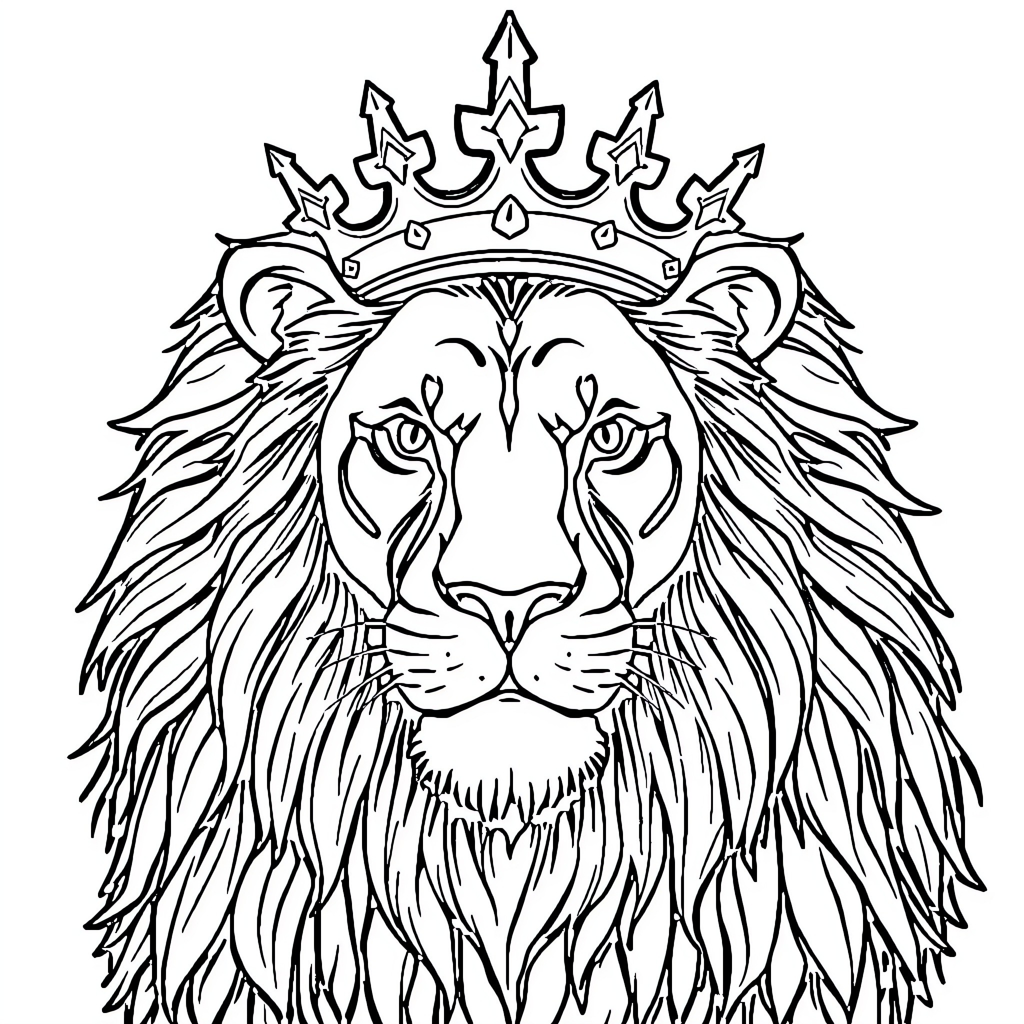 Lion wearing a majestic crown Coloring Page (free black-and-white line drawing printable PDF for all, from beginners to advanced learners, including children, teens, adults, and seniors)