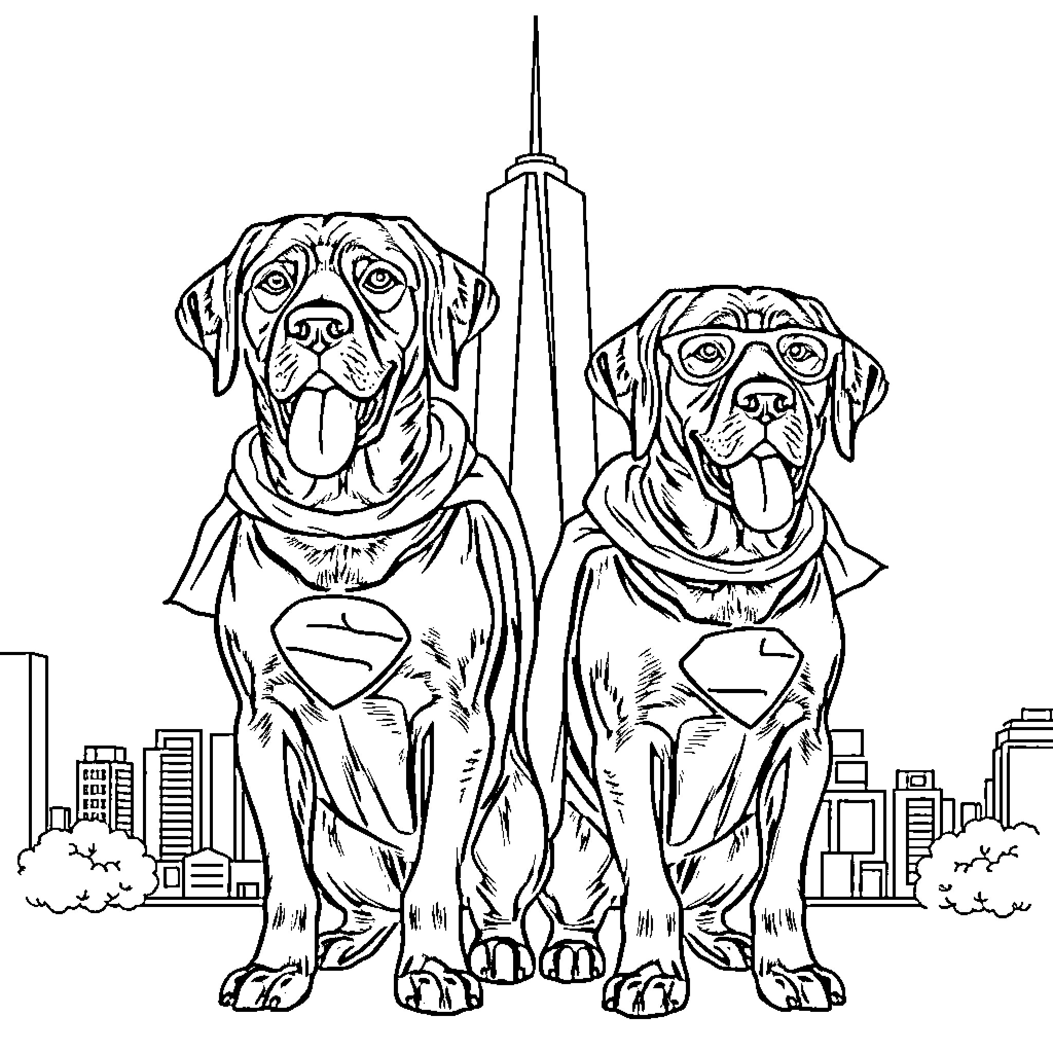 Lab Dogs Posing in Front of City Skyline Coloring Page (free black-and-white line drawing printable PDF for all, from beginners to advanced learners, including children, teens, adults, and seniors)