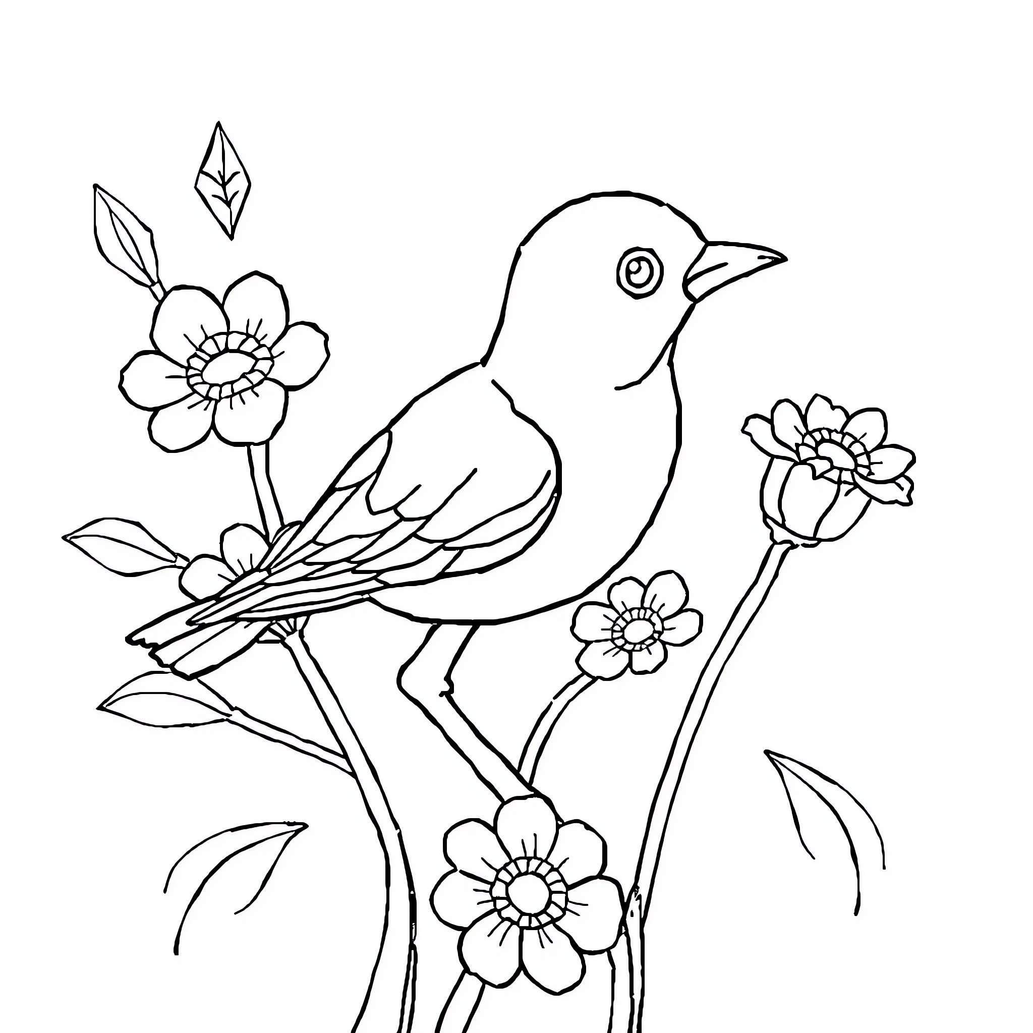 Simple Bird among Flowers Coloring Page (free black-and-white line drawing printable PDF for all, from beginners to advanced learners, including children, teens, adults, and seniors)