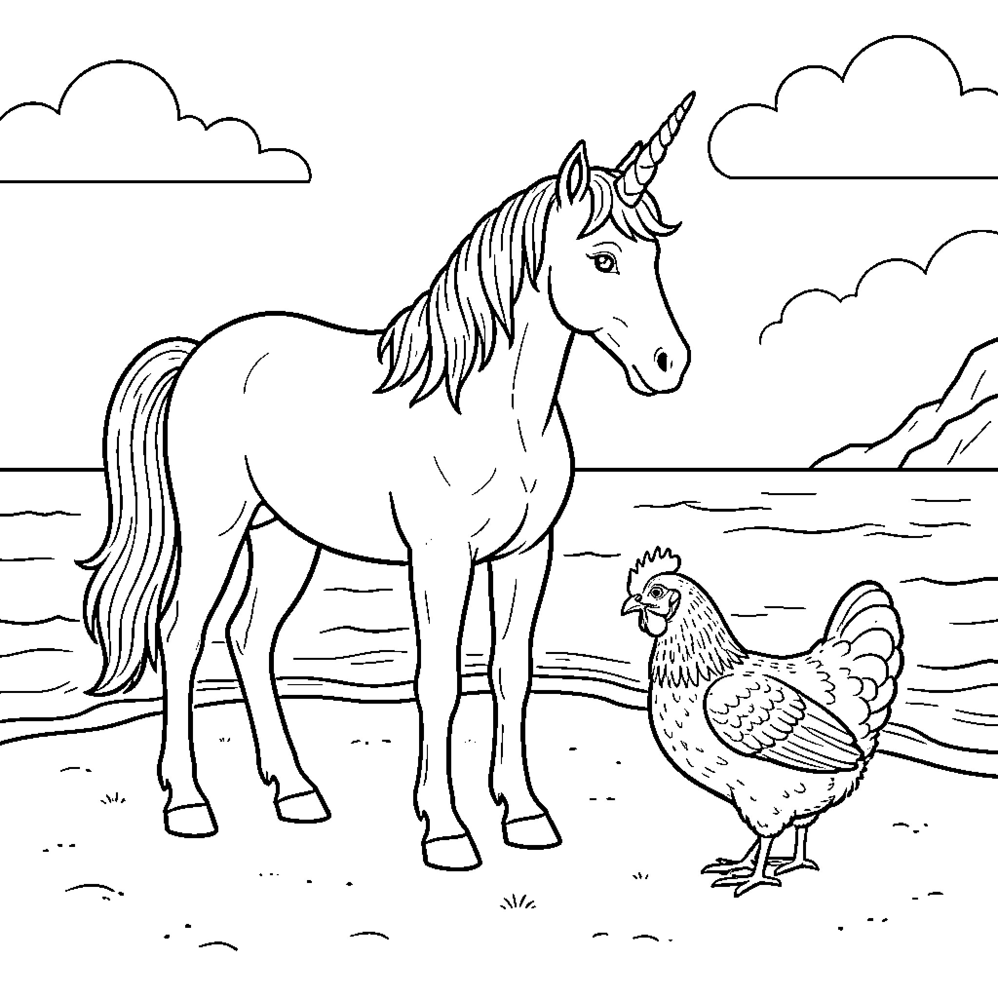 Unicorn standing calmly near a chicken by the sea Coloring Page (free black-and-white line drawing printable PDF for all, from beginners to advanced learners, including children, teens, adults, and seniors)