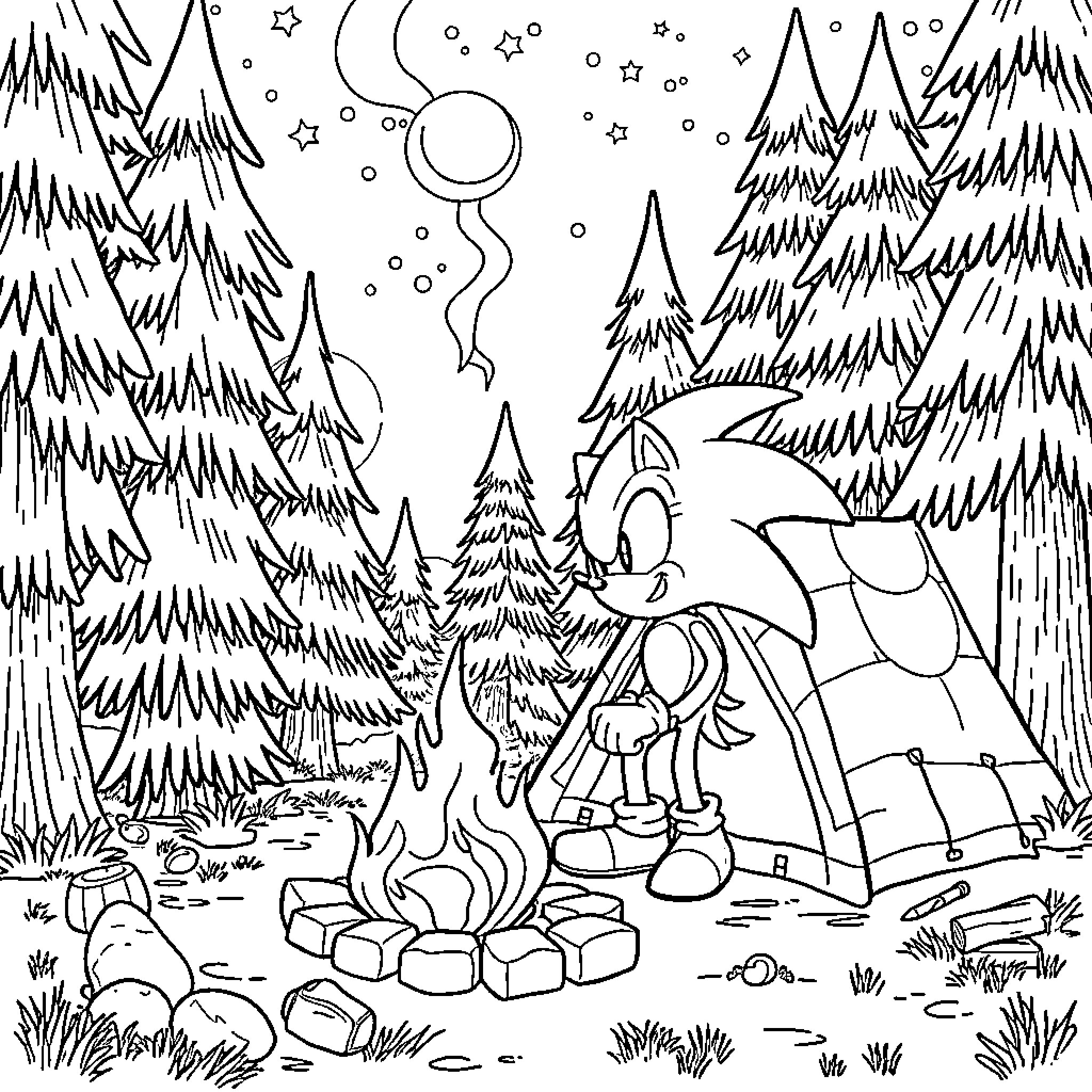 Sonic's Cozy Campfire Gathering Coloring Page (free black-and-white line drawing printable PDF for all, from beginners to advanced learners, including children, teens, adults, and seniors)