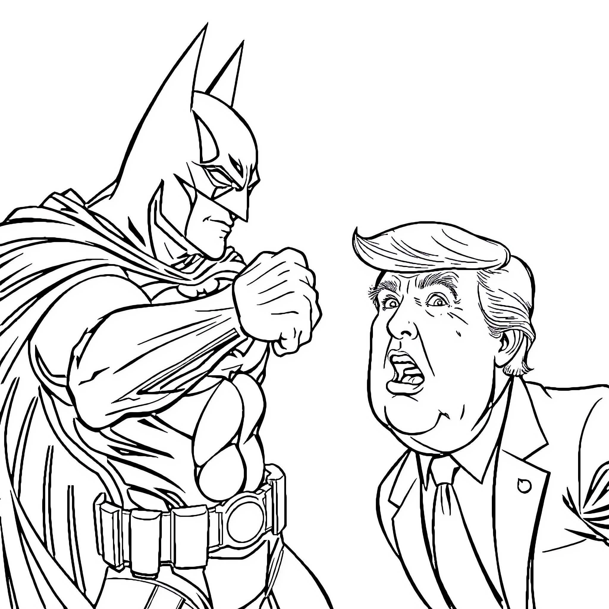 Batman confronting a stubborn political figure Coloring Page (free black-and-white line drawing printable PDF for all, from beginners to advanced learners, including children, teens, adults, and seniors)