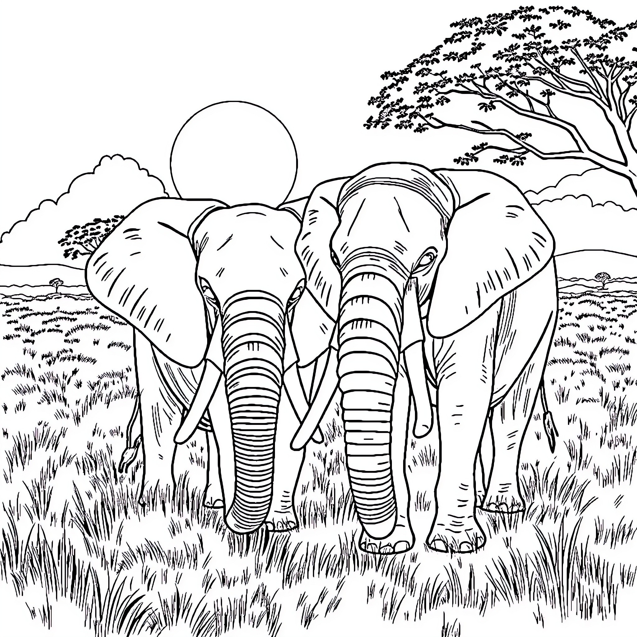 Nezuko and the Majestic Elephants in the Wild Coloring Page (free black-and-white line drawing printable PDF for all, from beginners to advanced learners, including children, teens, adults, and seniors)