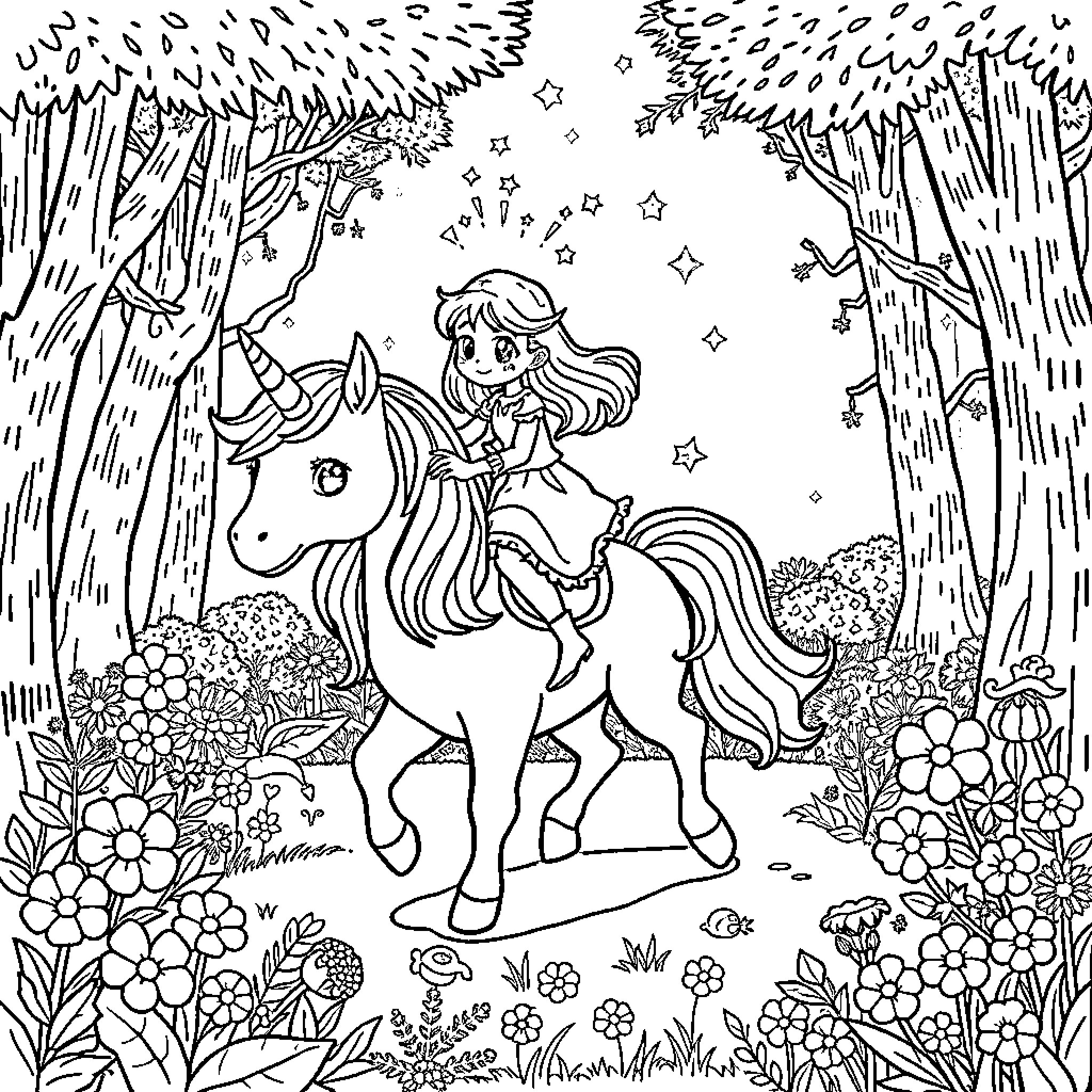 Girl riding a magical unicorn through a fantasy forest Coloring Page (free black-and-white line drawing printable PDF for all, from beginners to advanced learners, including children, teens, adults, and seniors)