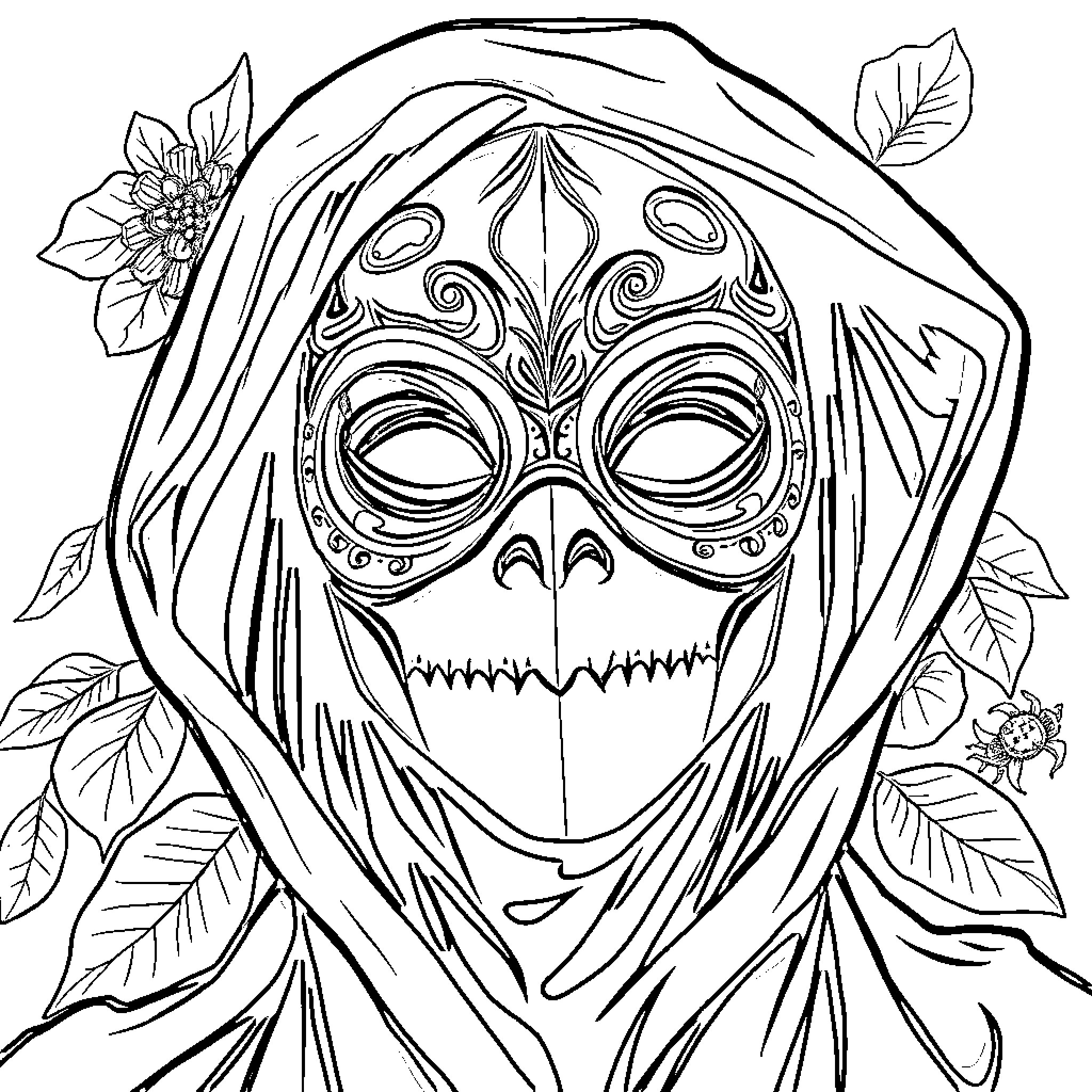 Pumpkin mask with hooded figure and floral elements Coloring Page (free black-and-white line drawing printable PDF for all, from beginners to advanced learners, including children, teens, adults, and seniors)