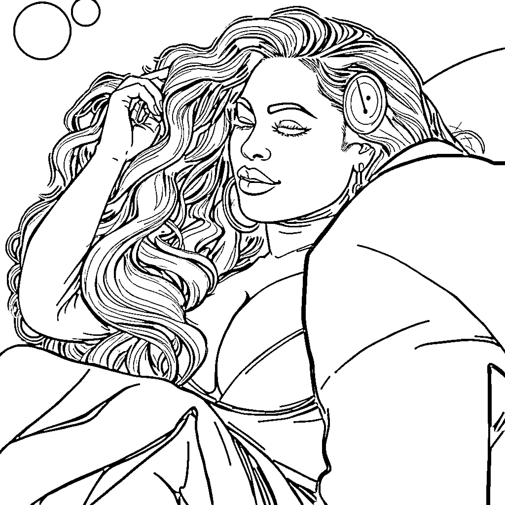 Beyonce in flowing gown and headphones Coloring Page (free black-and-white line drawing printable PDF for all, from beginners to advanced learners, including children, teens, adults, and seniors)