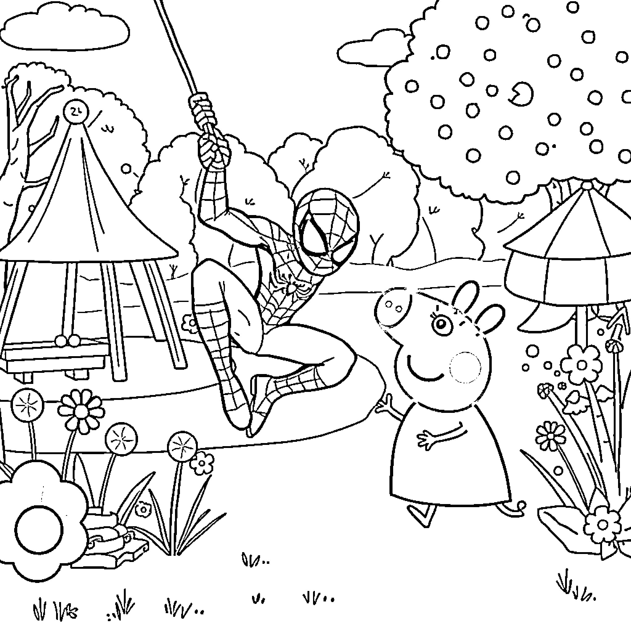 Spider-Man swinging and exploring an outdoor scene Coloring Page (free black-and-white line drawing printable PDF for all, from beginners to advanced learners, including children, teens, adults, and seniors)