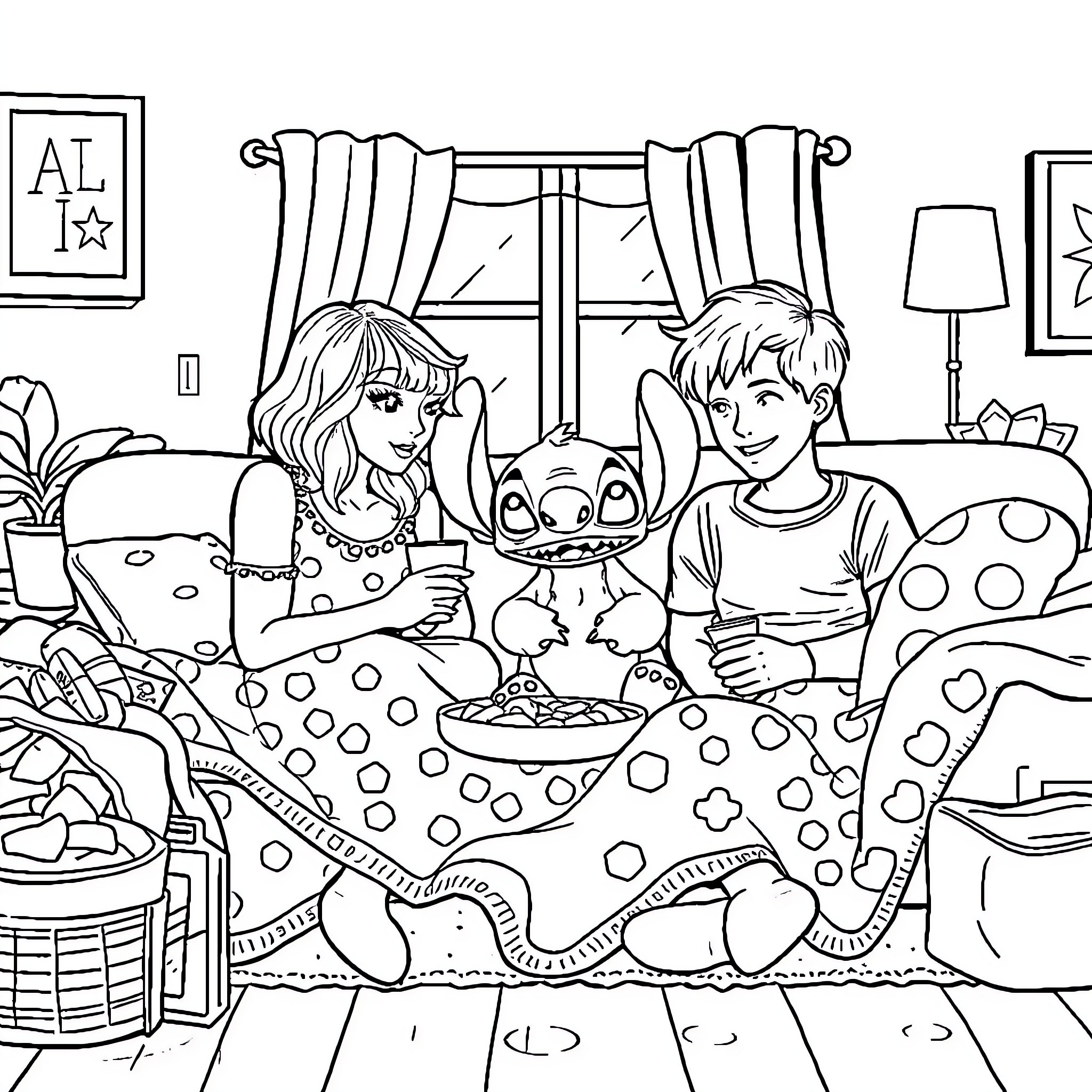 Taylor Swift enjoying a cozy night in with friends Coloring Page (free black-and-white line drawing printable PDF for all, from beginners to advanced learners, including children, teens, adults, and seniors)