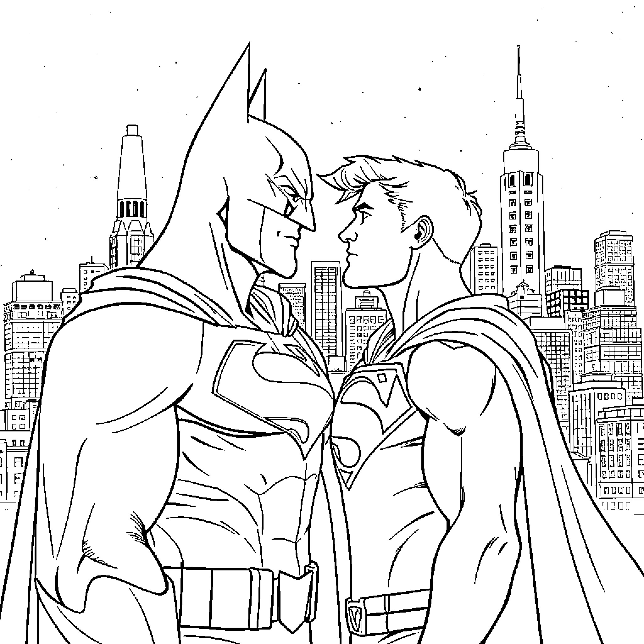 Batman and Superhero Confrontation in the City Coloring Page (free black-and-white line drawing printable PDF for all, from beginners to advanced learners, including children, teens, adults, and seniors)