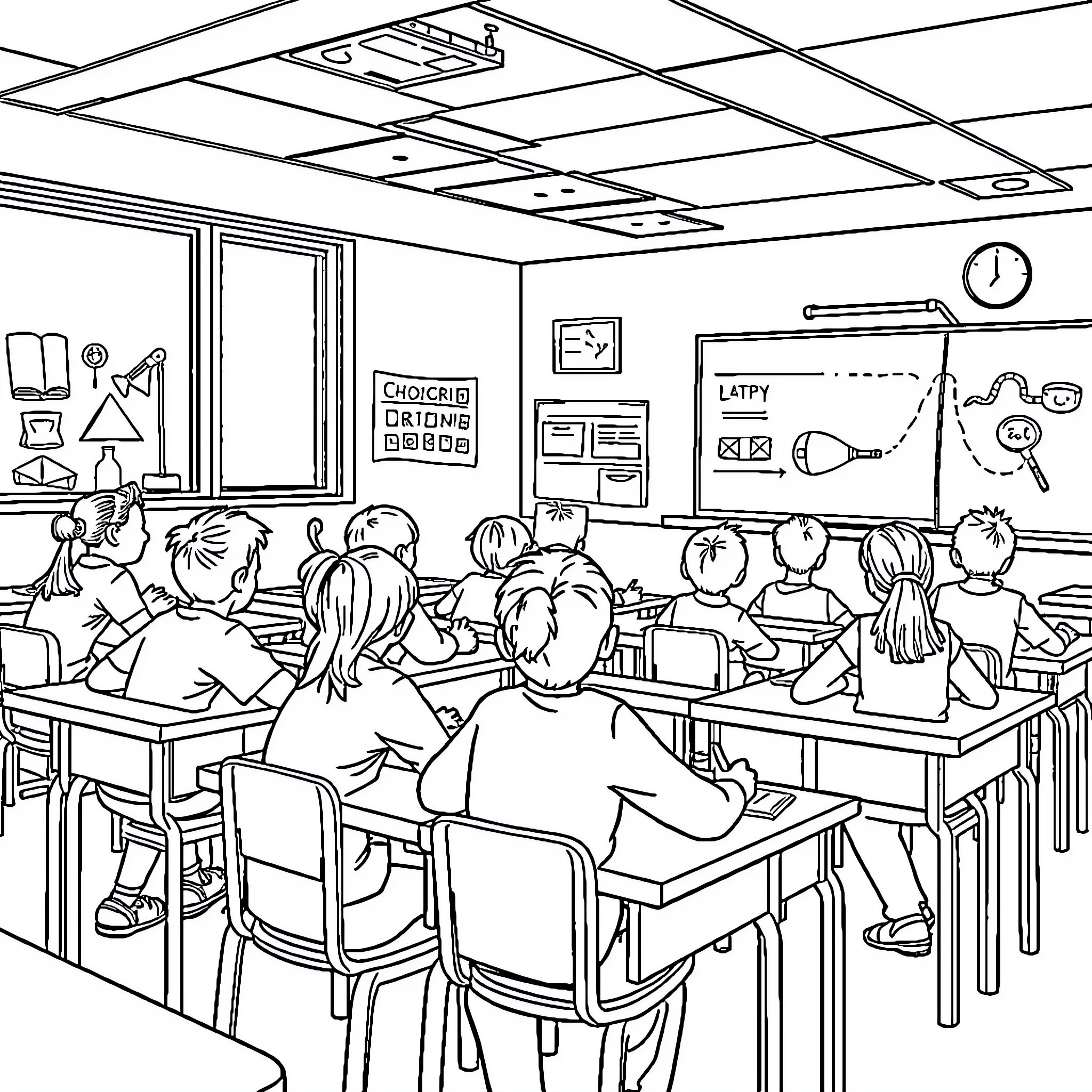 Students engaged in a classroom learning activity Coloring Page (free black-and-white line drawing printable PDF for all, from beginners to advanced learners, including children, teens, adults, and seniors)