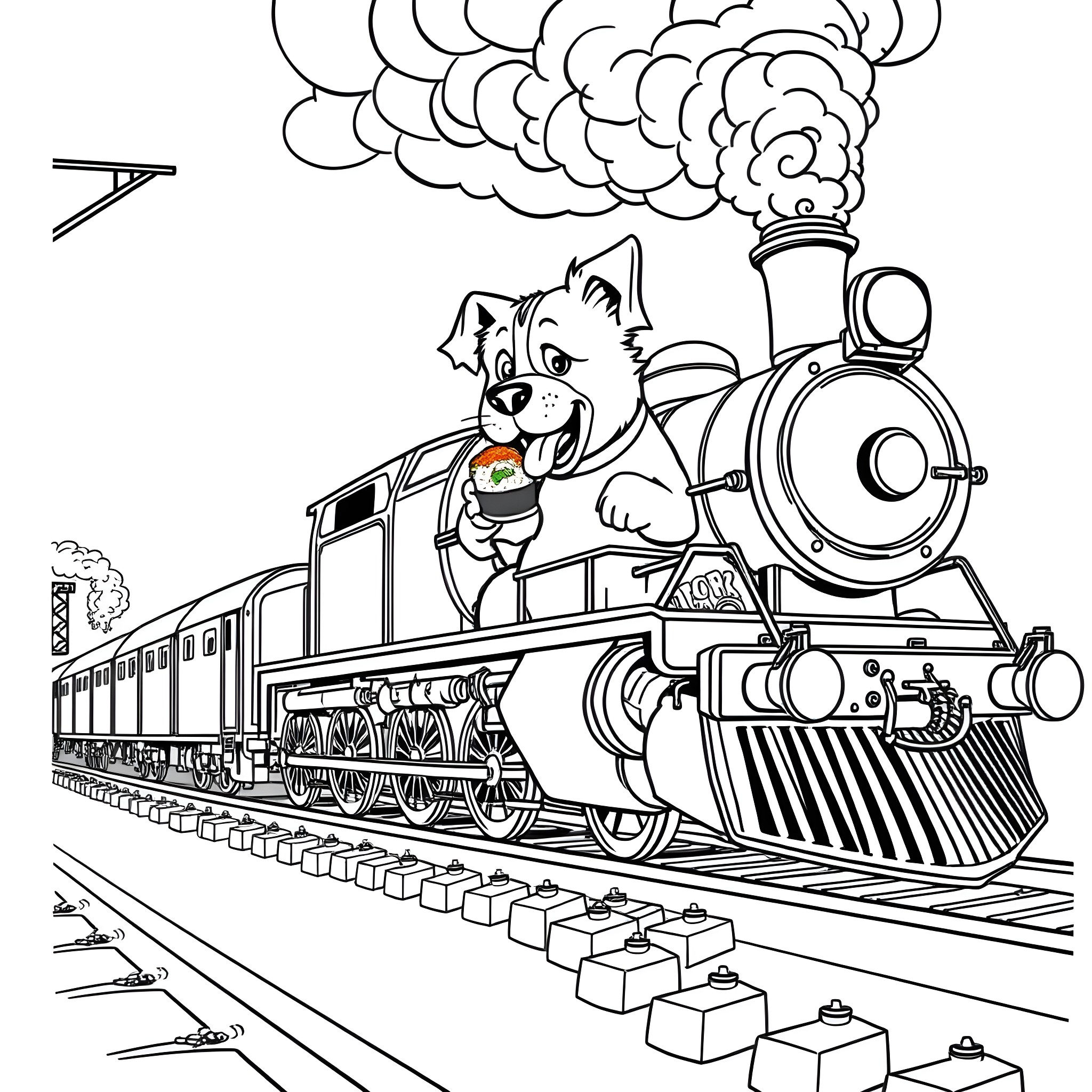 Dog riding a train through the clouds Coloring Page (free black-and-white line drawing printable PDF for all, from beginners to advanced learners, including children, teens, adults, and seniors)