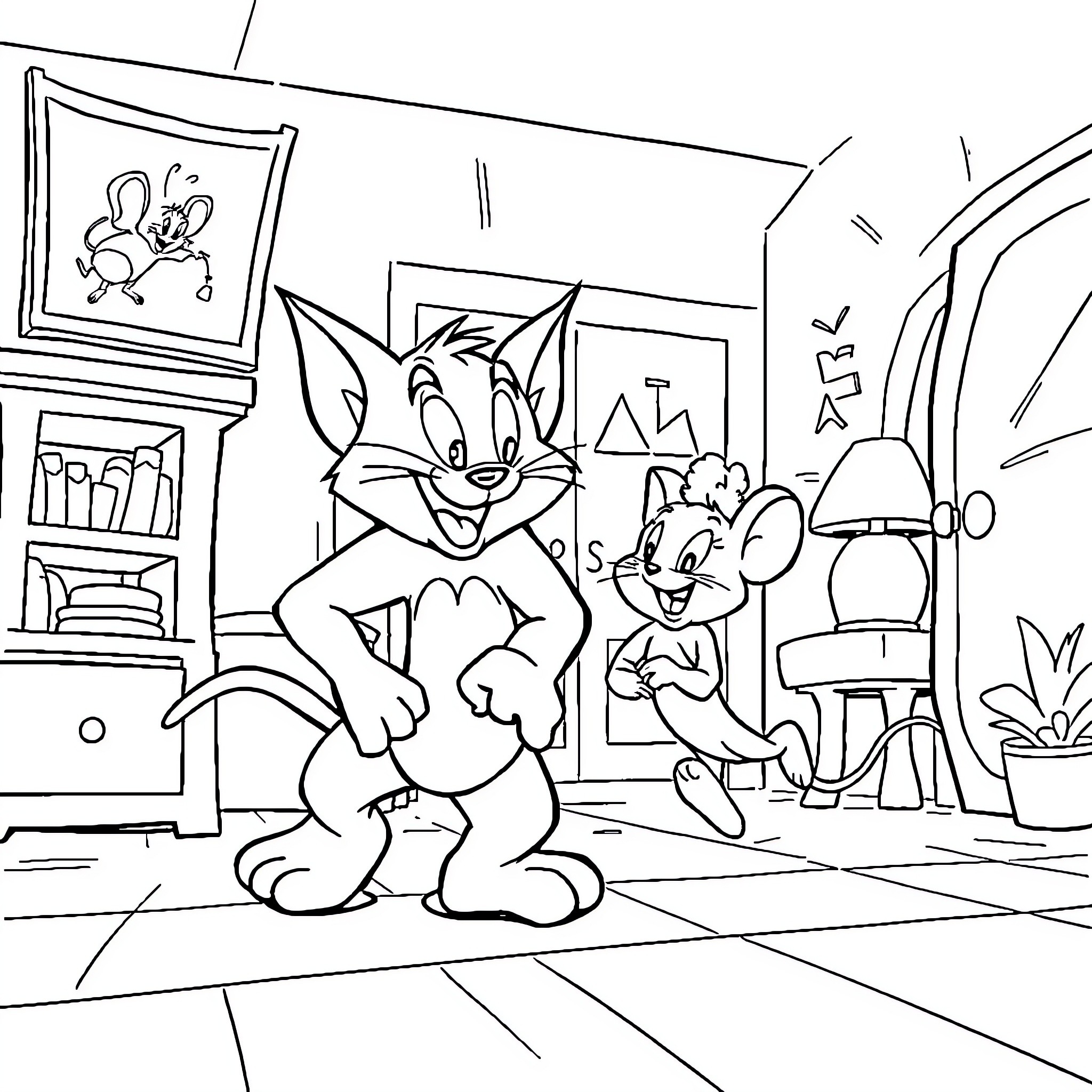 Tom and Jerry's Mischievous Antics in the Room Coloring Page (free black-and-white line drawing printable PDF for all, from beginners to advanced learners, including children, teens, adults, and seniors)