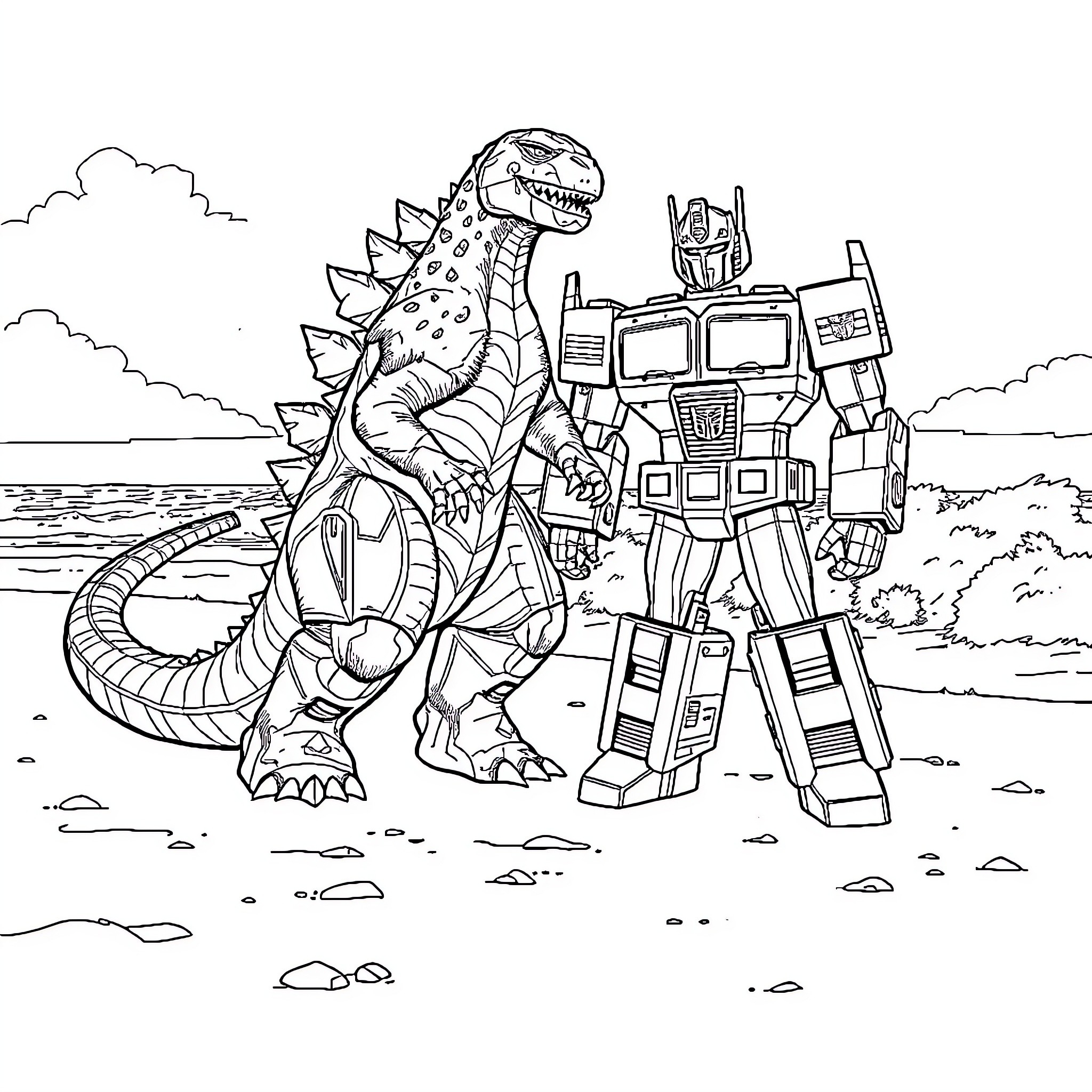 Godzilla battles against a giant robot in a dramatic scene Coloring Page (free black-and-white line drawing printable PDF for all, from beginners to advanced learners, including children, teens, adults, and seniors)