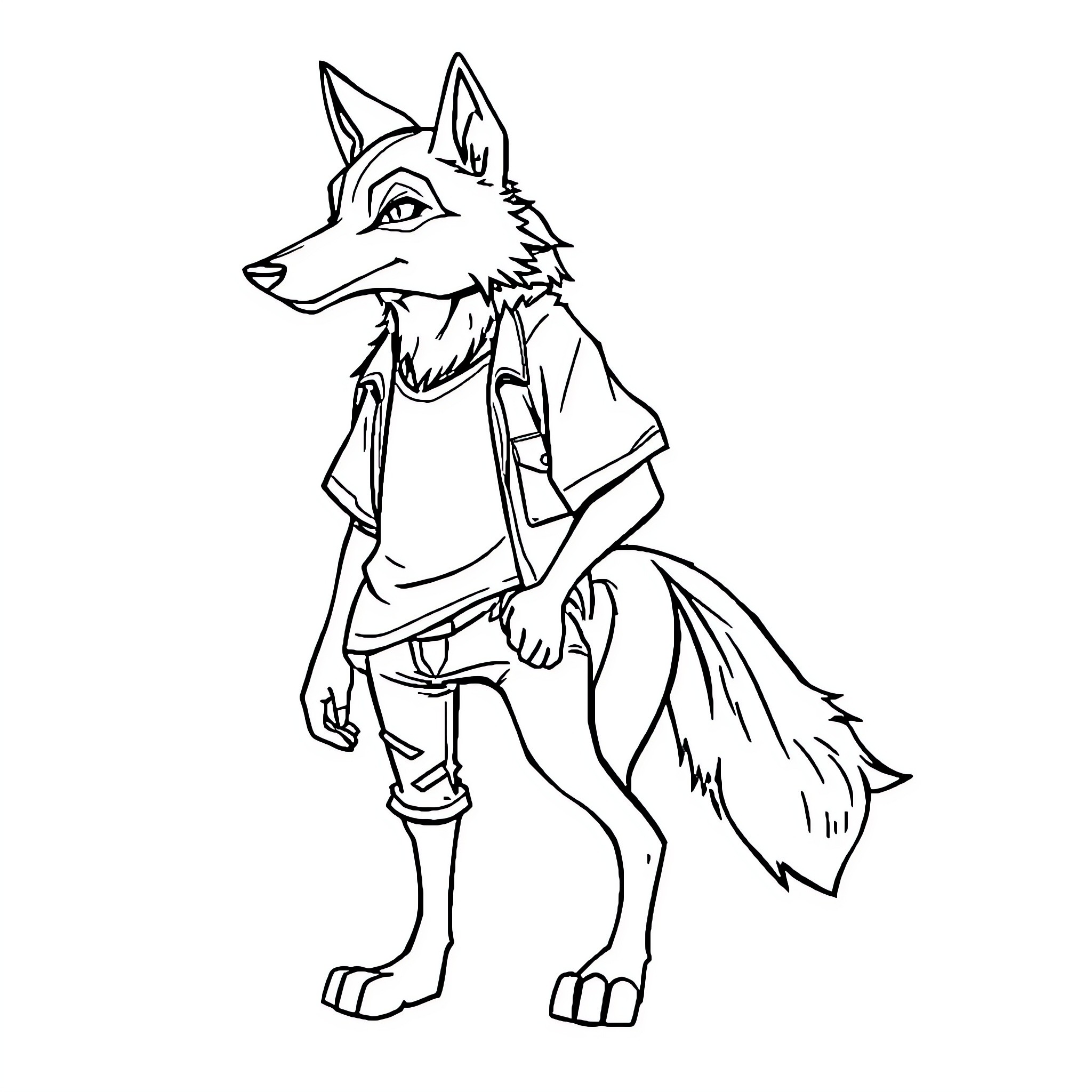 Wolf wearing a coat in a casual pose Coloring Page (free black-and-white line drawing printable PDF for all, from beginners to advanced learners, including children, teens, adults, and seniors)