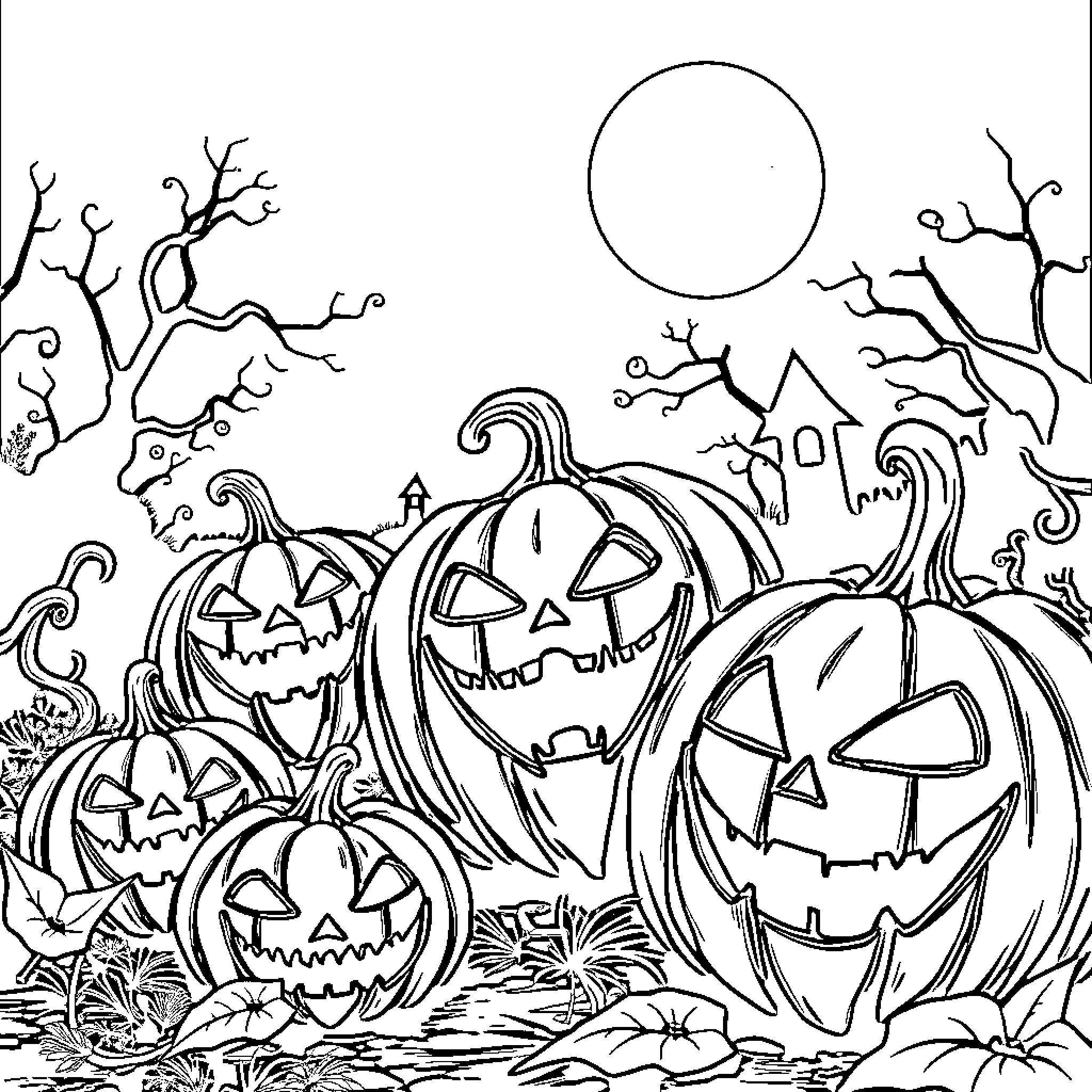 Vampire Pumpkin Patch with Spooky Scenery Coloring Page (free black-and-white line drawing printable PDF for all, from beginners to advanced learners, including children, teens, adults, and seniors)
