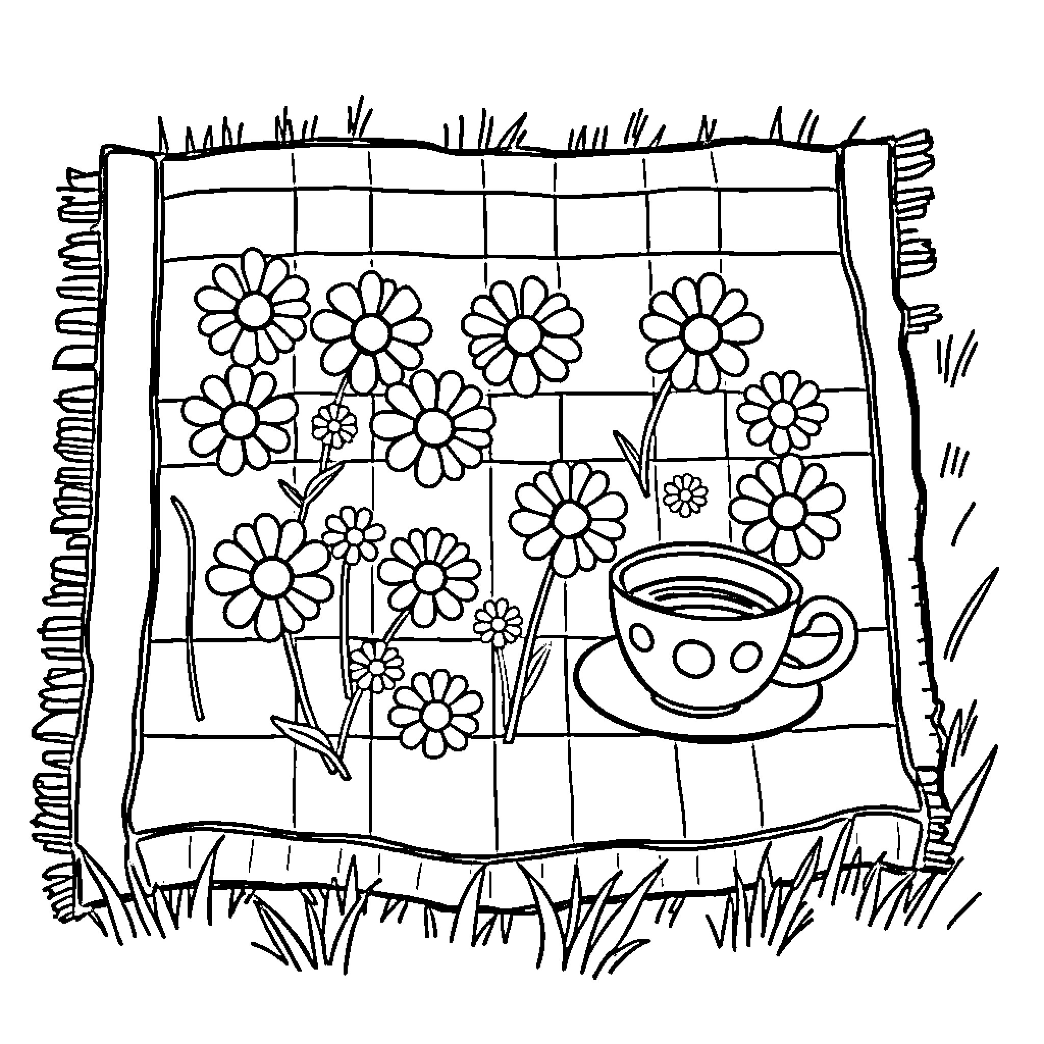 Picnic with Flower Garden and Teacup Coloring Page (free black-and-white line drawing printable PDF for all, from beginners to advanced learners, including children, teens, adults, and seniors)