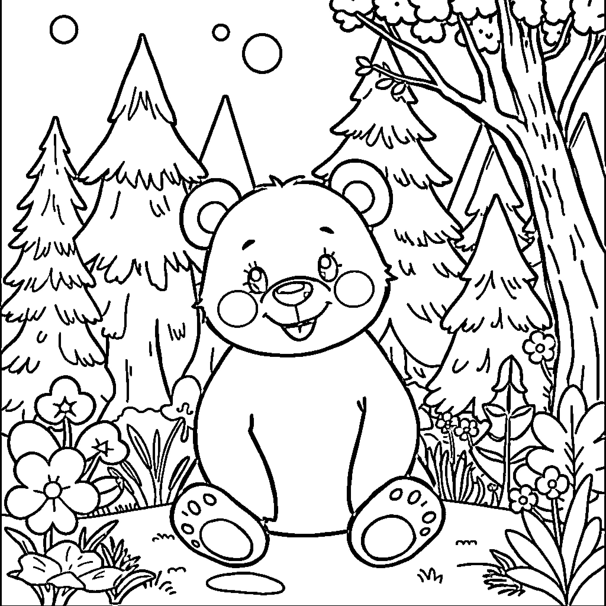 Colargol's Playful Adventure in the Woodland Coloring Page (free black-and-white line drawing printable PDF for all, from beginners to advanced learners, including children, teens, adults, and seniors)