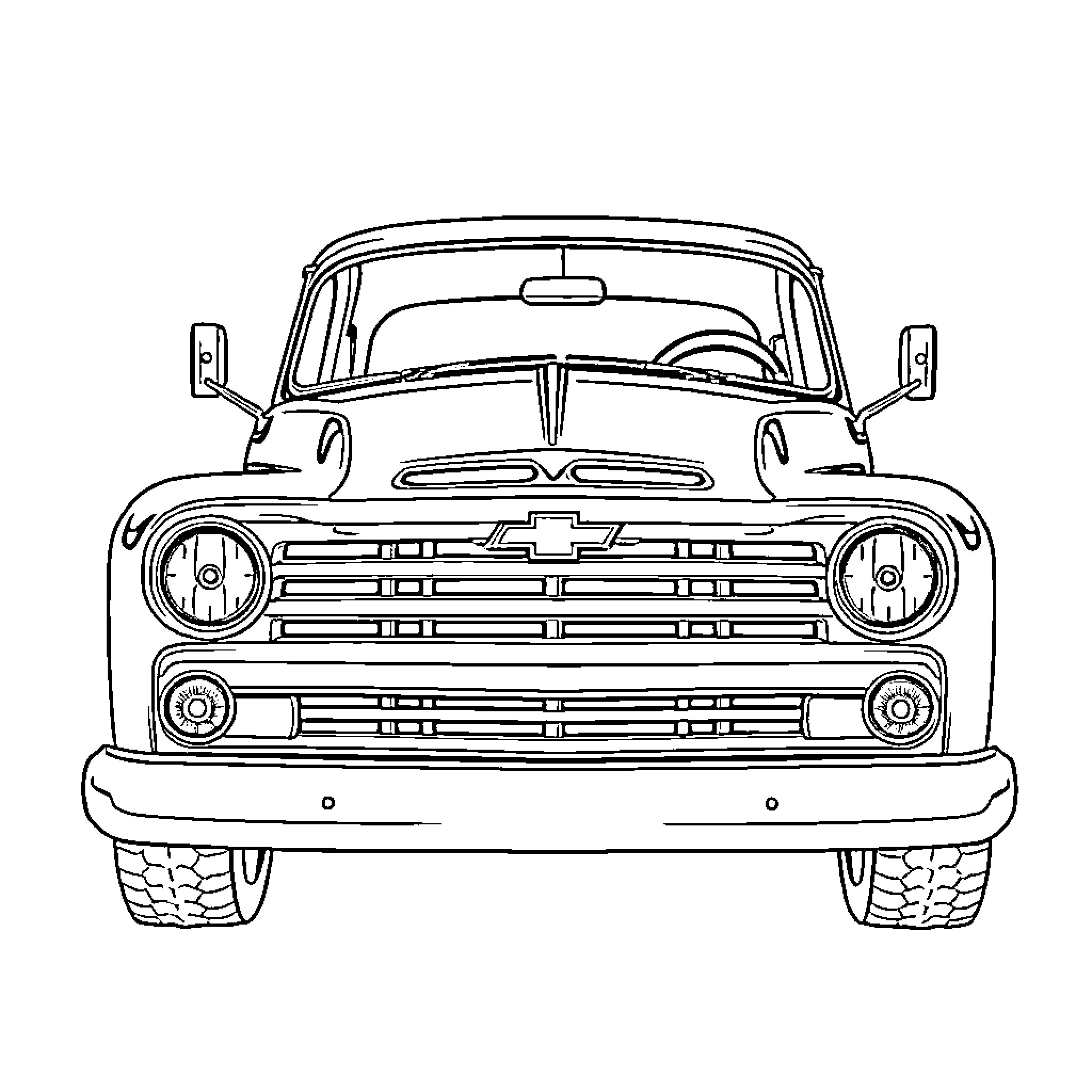 Chevy Truck with Classic Grille Design Coloring Page (free black-and-white line drawing printable PDF for all, from beginners to advanced learners, including children, teens, adults, and seniors)