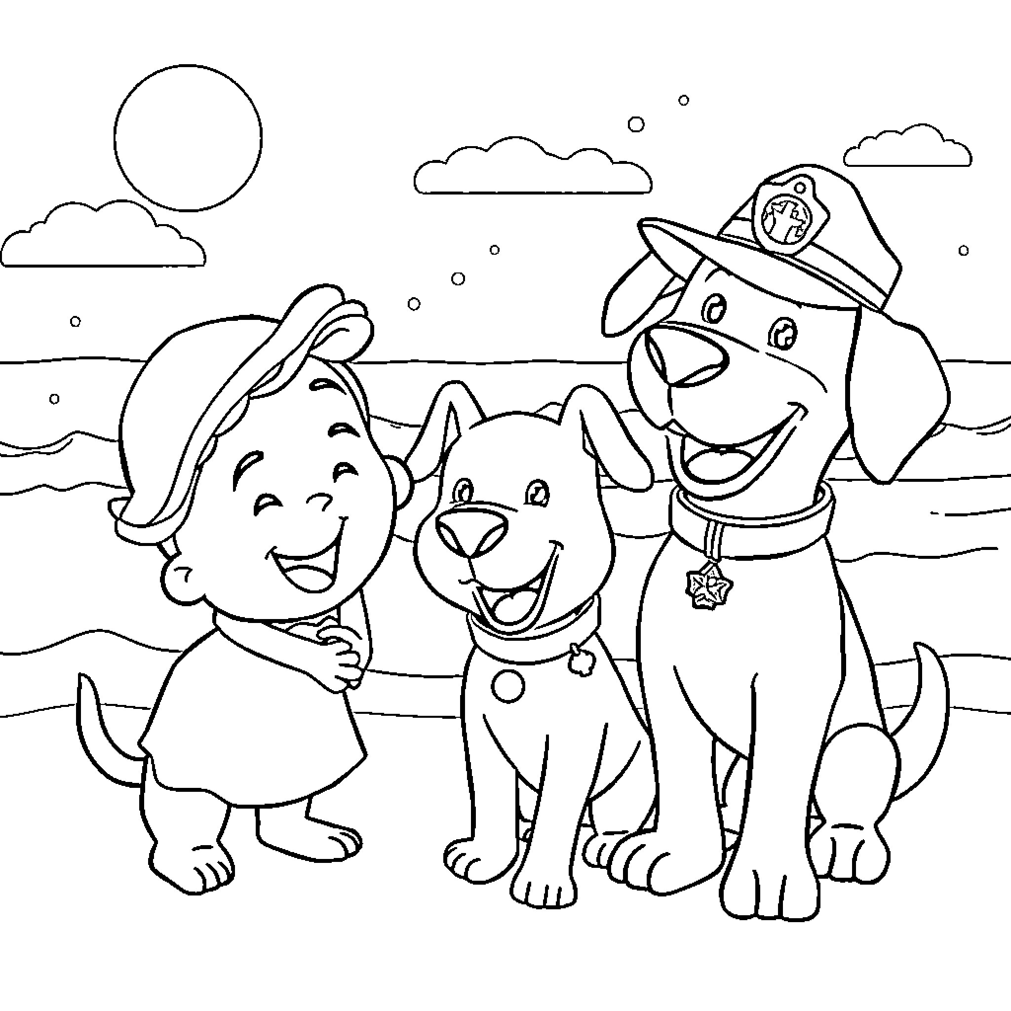 Pocoyo and friends enjoy a fun beach day Coloring Page (free black-and-white line drawing printable PDF for all, from beginners to advanced learners, including children, teens, adults, and seniors)