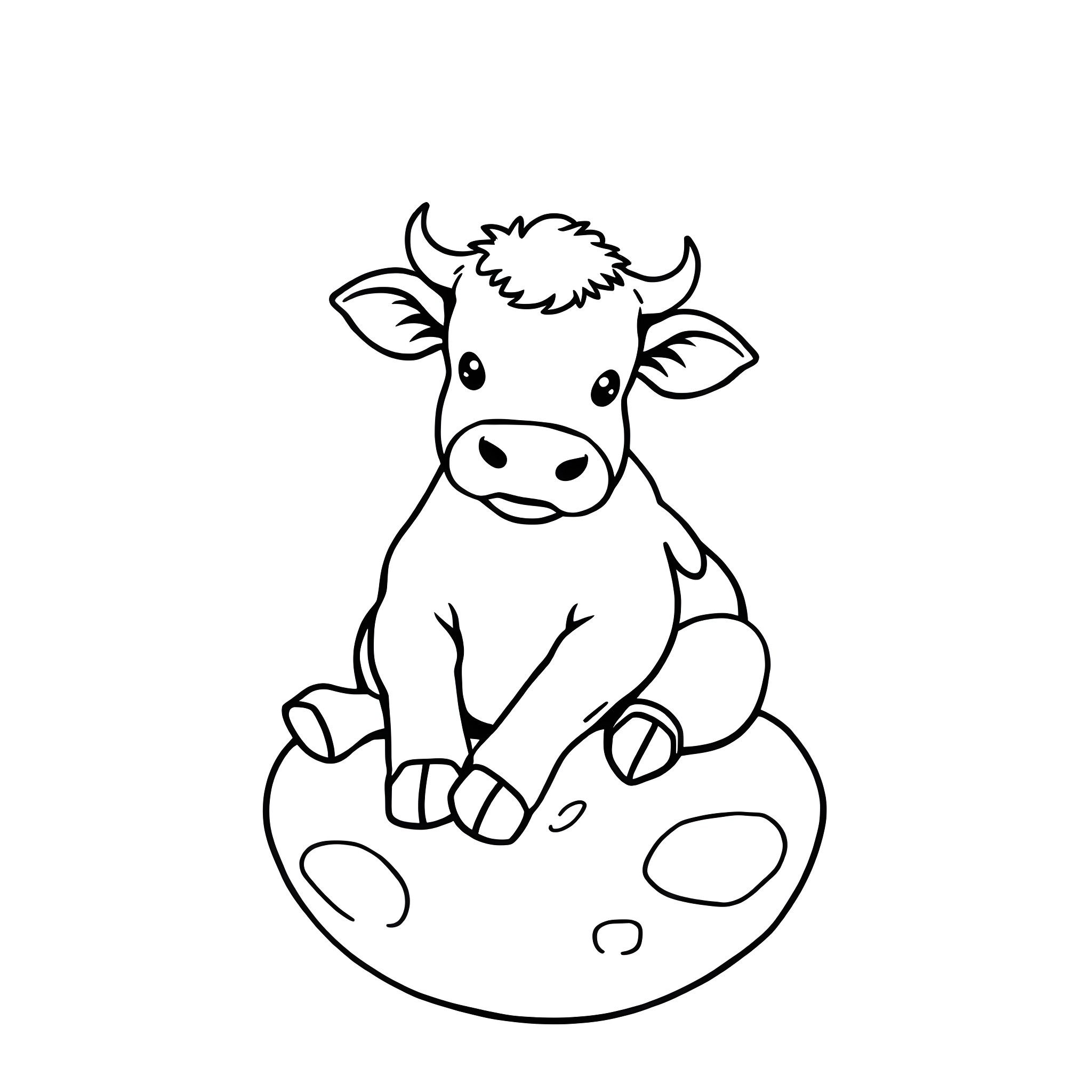 Cow sitting on a crescent moon Coloring Page (free black-and-white line drawing printable PDF for all, from beginners to advanced learners, including children, teens, adults, and seniors)