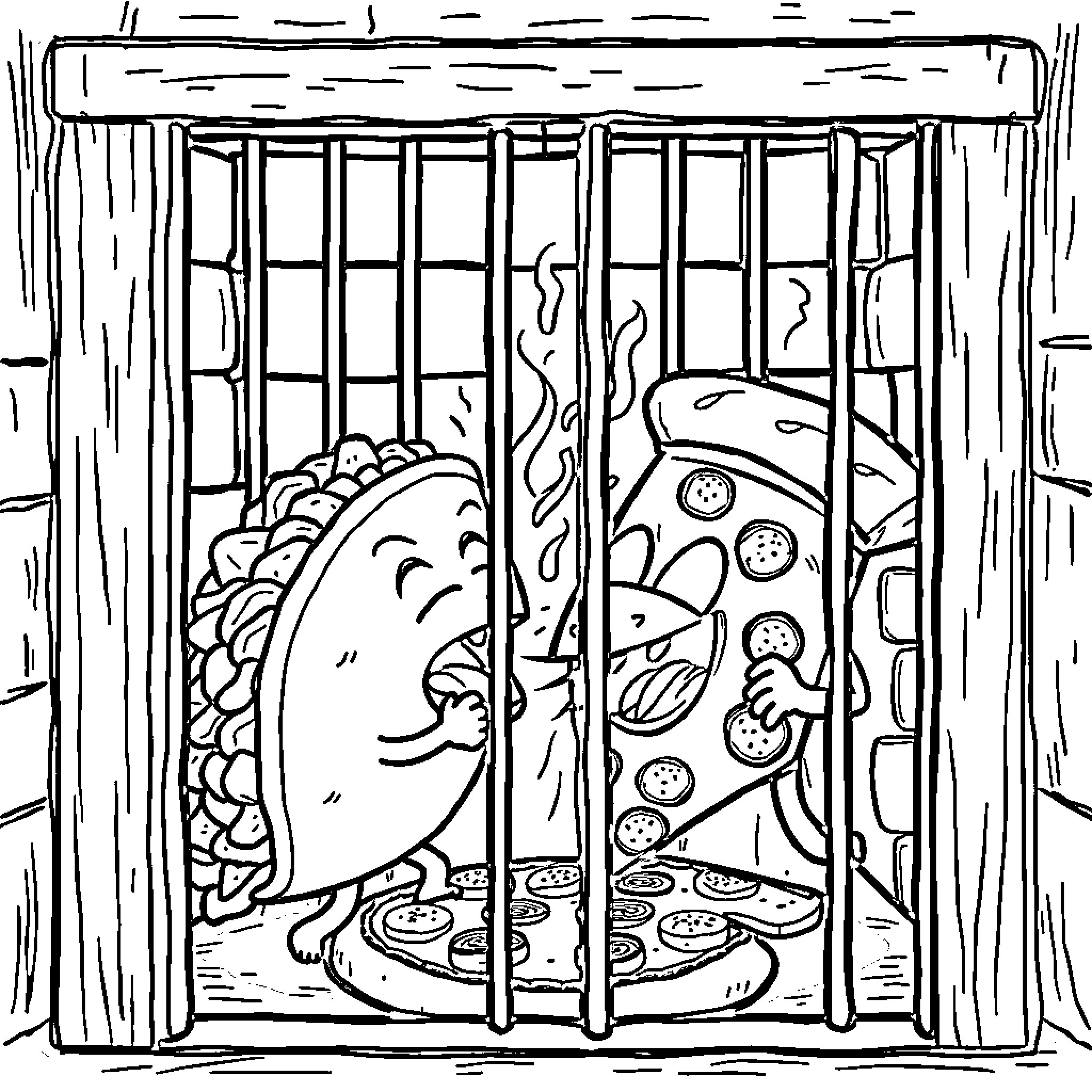 Taco trapped behind bars craving tasty toppings Coloring Page (free black-and-white line drawing printable PDF for all, from beginners to advanced learners, including children, teens, adults, and seniors)