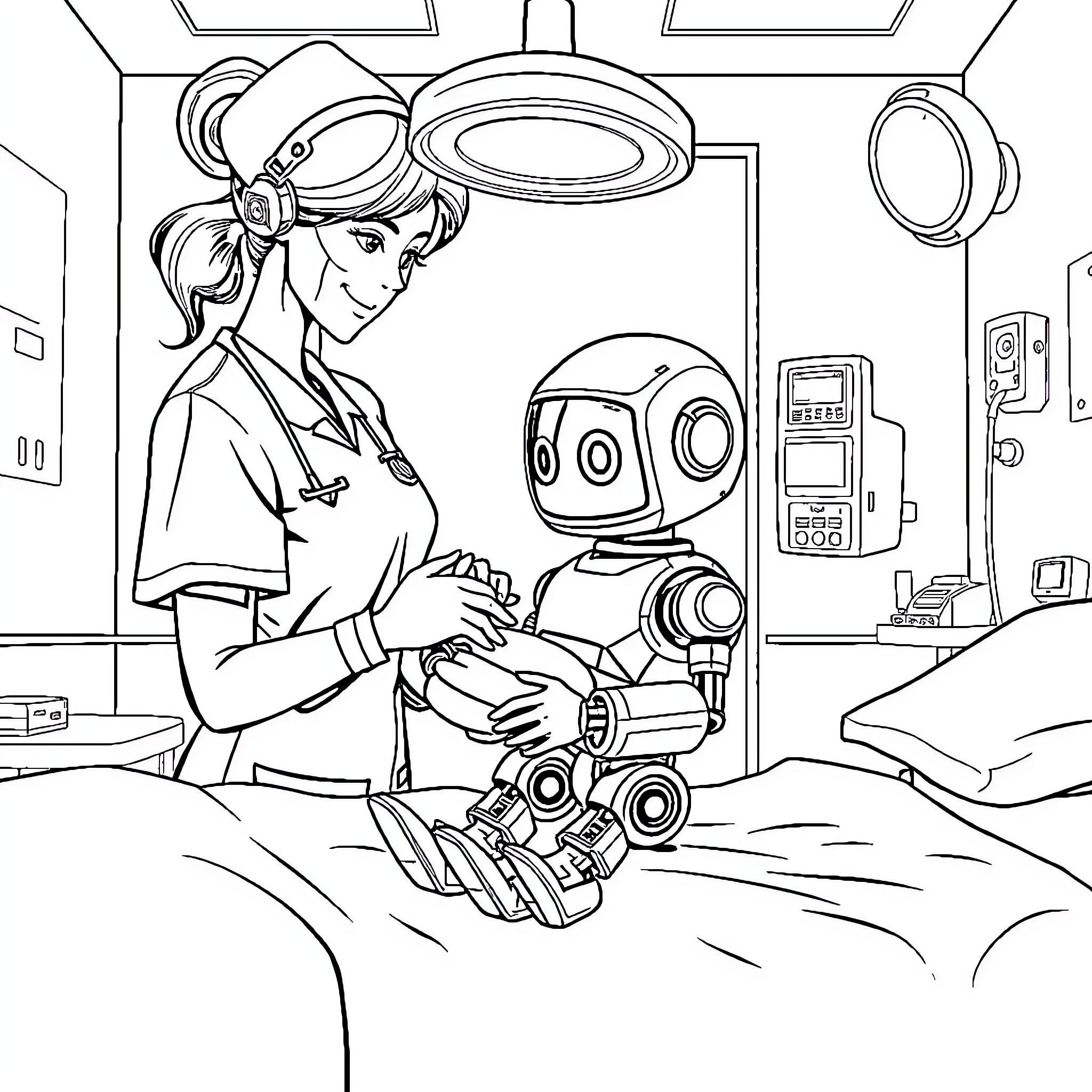 Nurse Caring for a Robot Patient Coloring Page (free black-and-white line drawing printable PDF for all, from beginners to advanced learners, including children, teens, adults, and seniors)