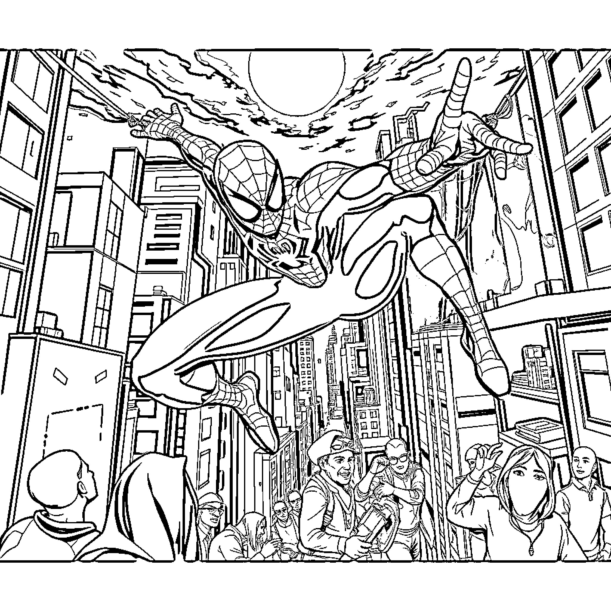 Spiderman swinging through the city, saving the day Coloring Page (free black-and-white line drawing printable PDF for all, from beginners to advanced learners, including children, teens, adults, and seniors)