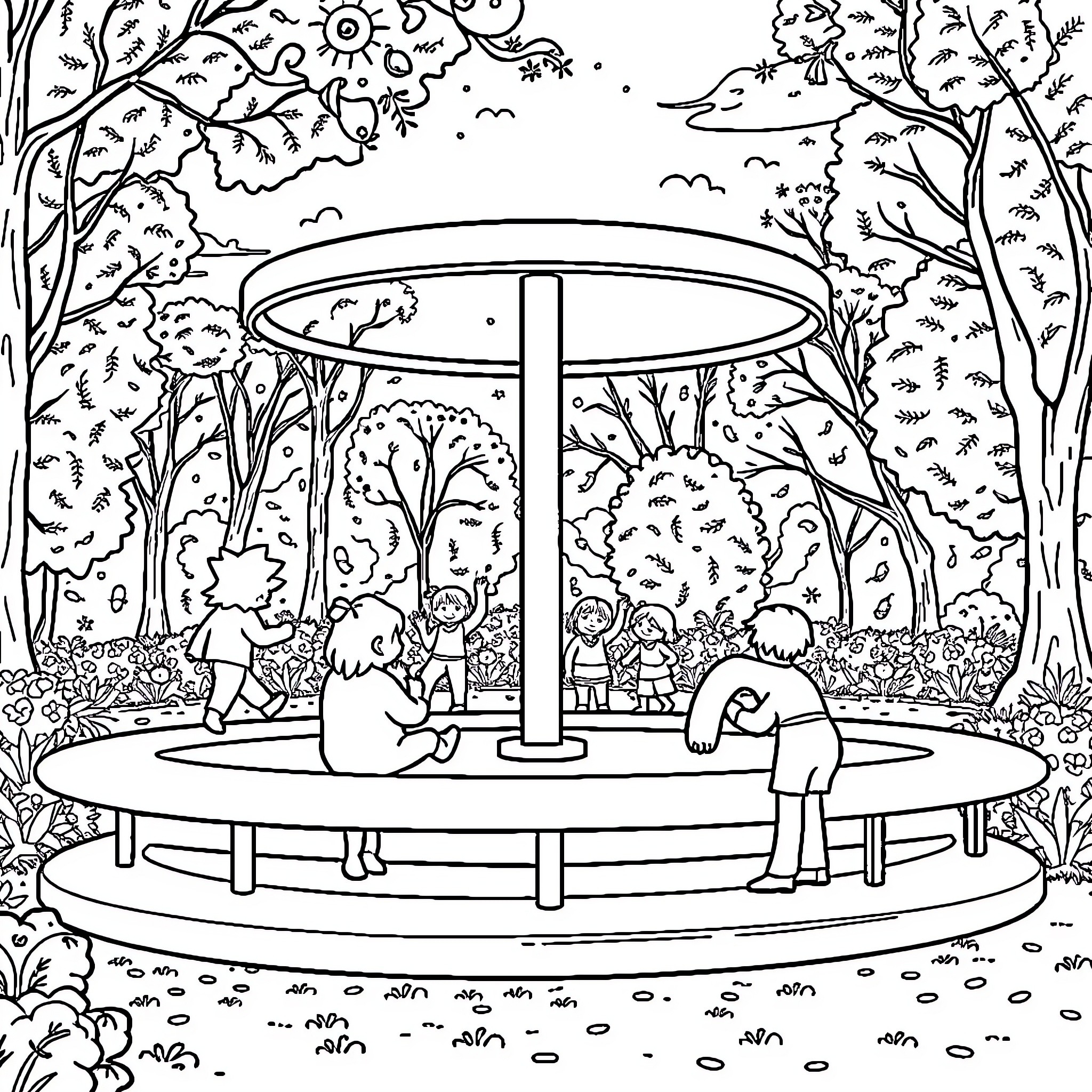 Game of children playing and enjoying a park Coloring Page (free black-and-white line drawing printable PDF for all, from beginners to advanced learners, including children, teens, adults, and seniors)