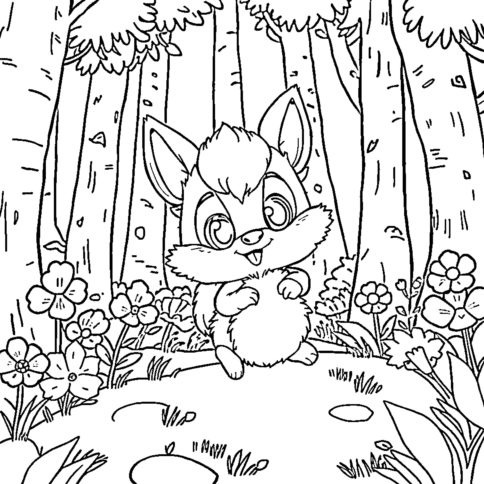 Sprunki's Forest Exploration Coloring Page (free black-and-white line drawing printable PDF for all, from beginners to advanced learners, including children, teens, adults, and seniors)